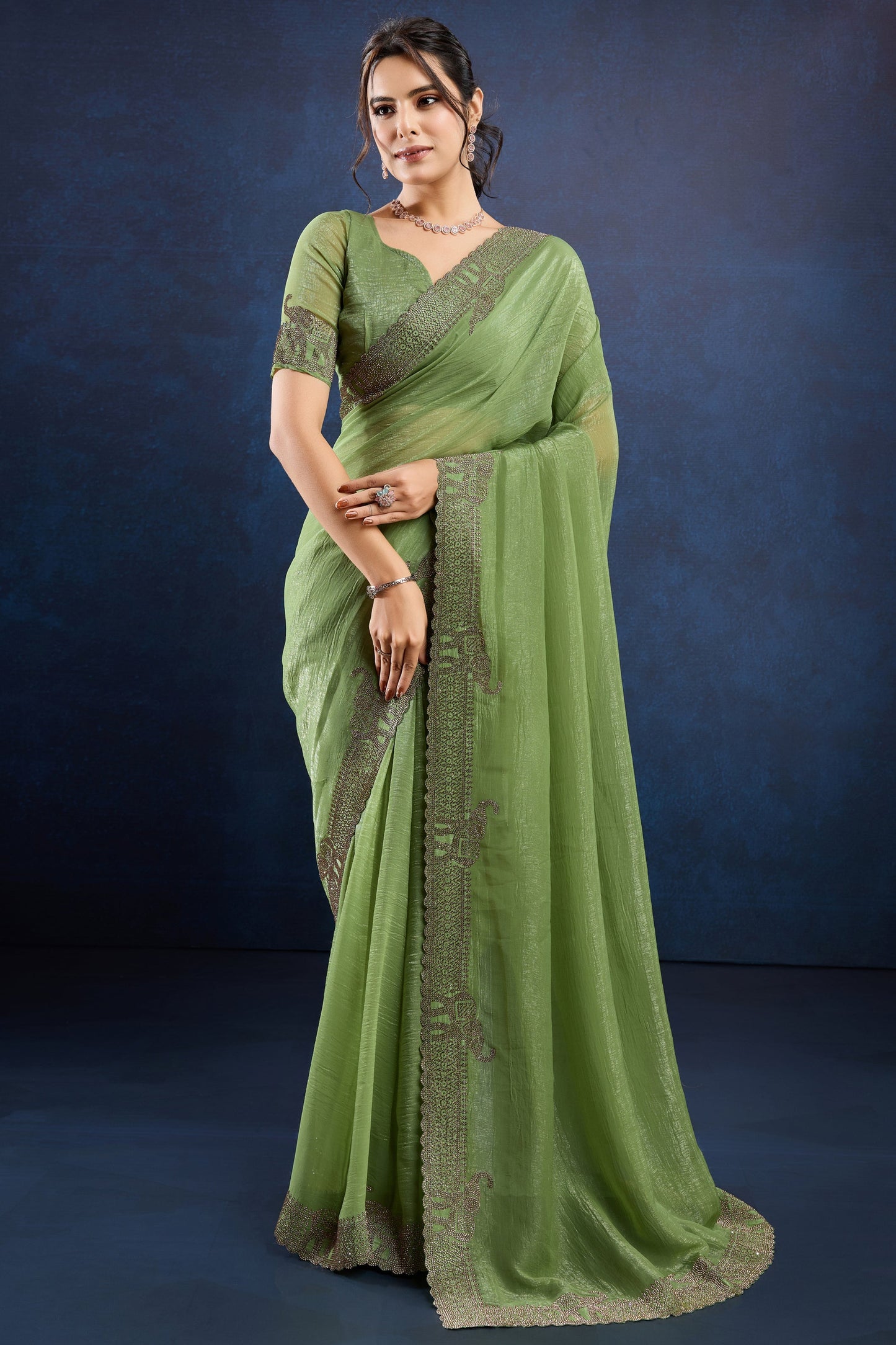 Green Stone Work Crystal Silk Saree-ZB133896_1_SareeButa.com