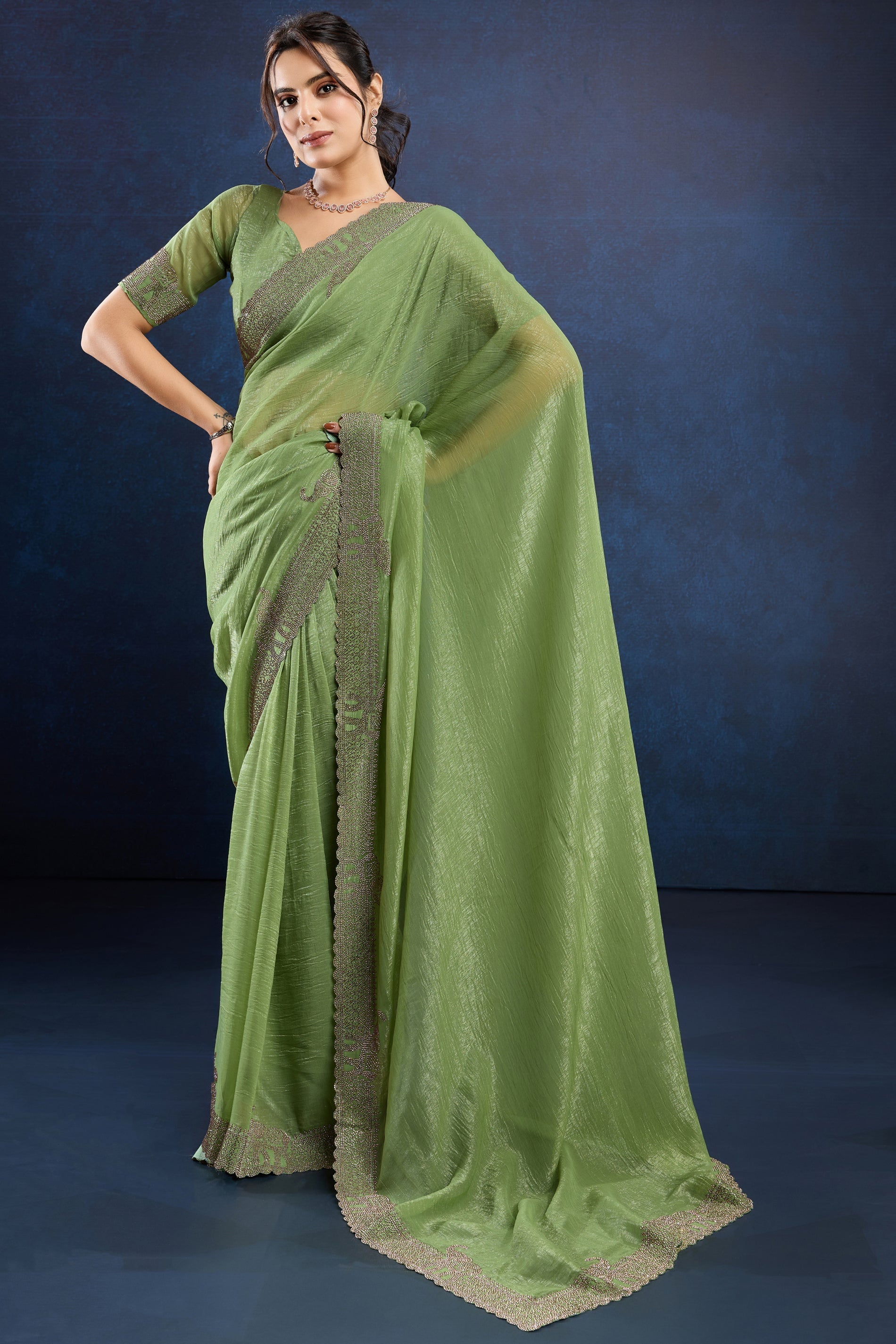 Green Stone Work Crystal Silk Saree-ZB133896_3_SareeButa.com