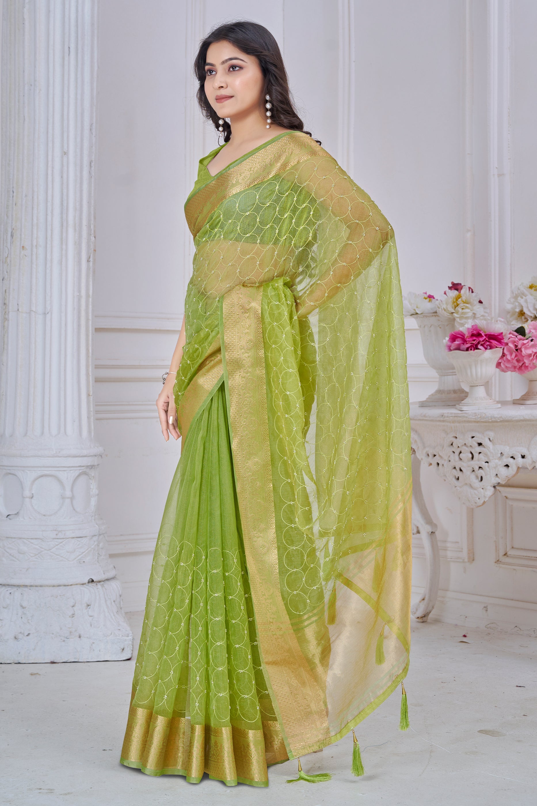 Green Stone Work Jacquard Saree-SAR10745_3_SareeButa.com