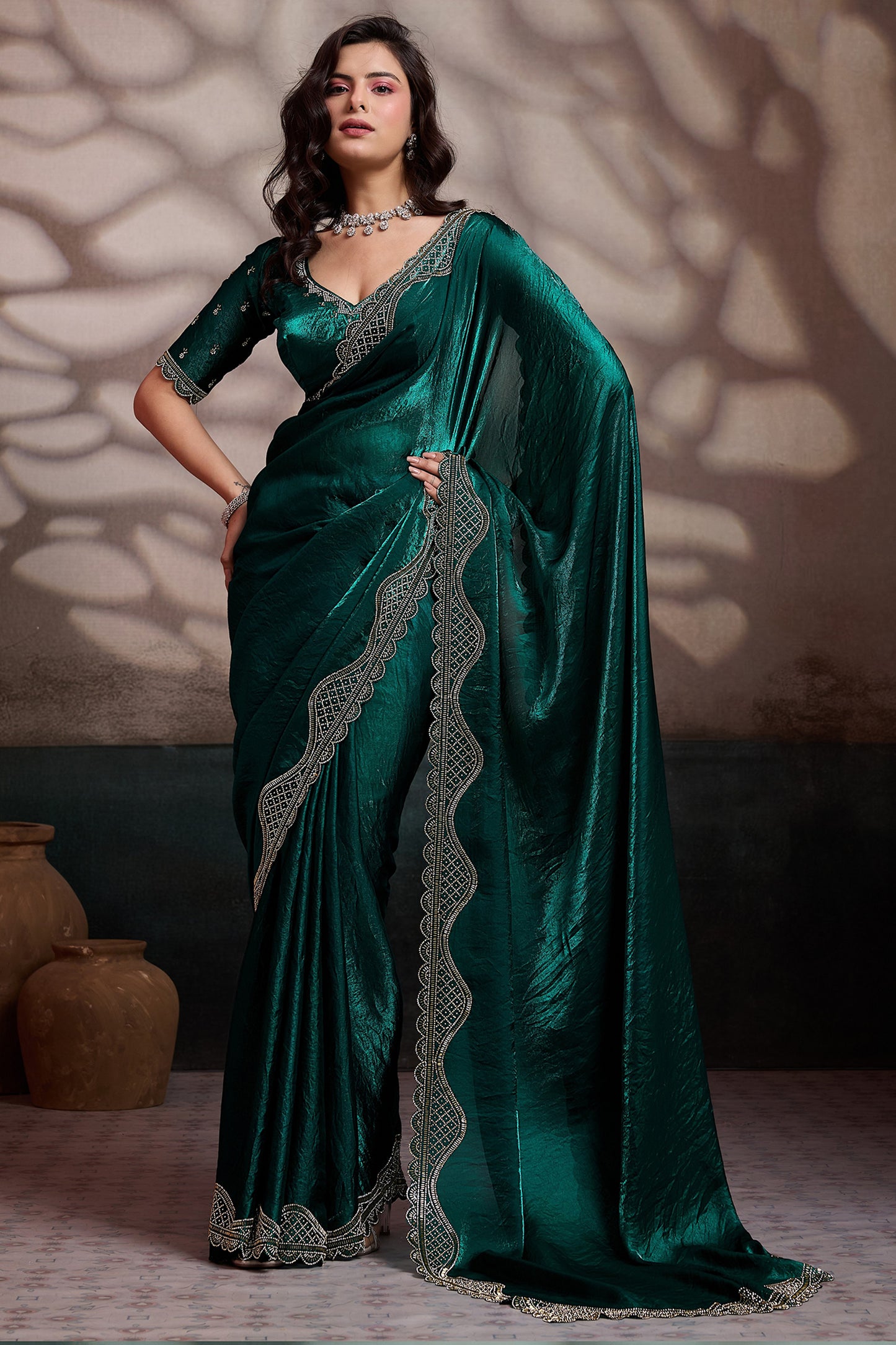 Green Stone Work Metallic Satin Saree-SAR12539_1_SareeButa.com
