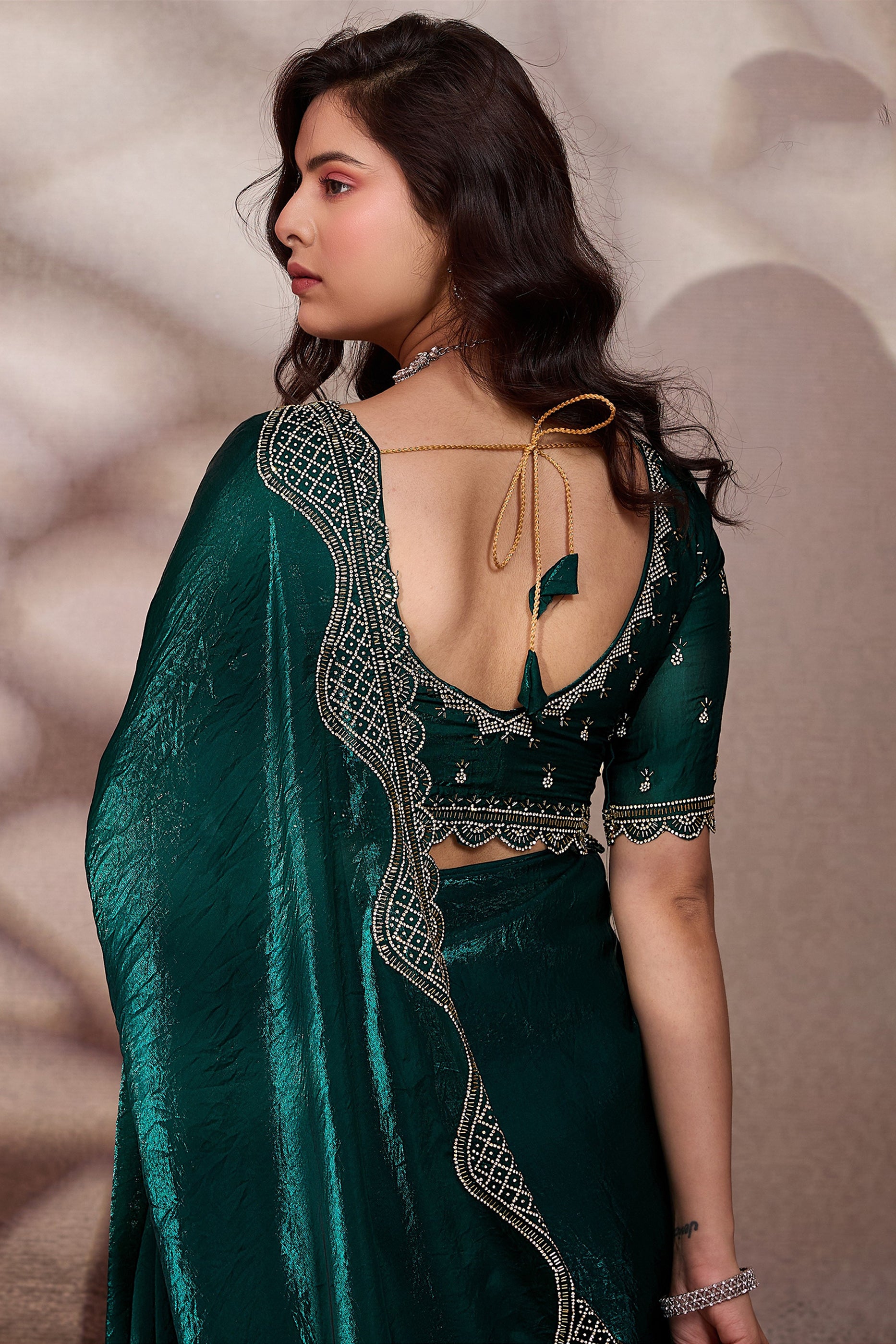 Green Stone Work Metallic Satin Saree-SAR12539_3_SareeButa.com