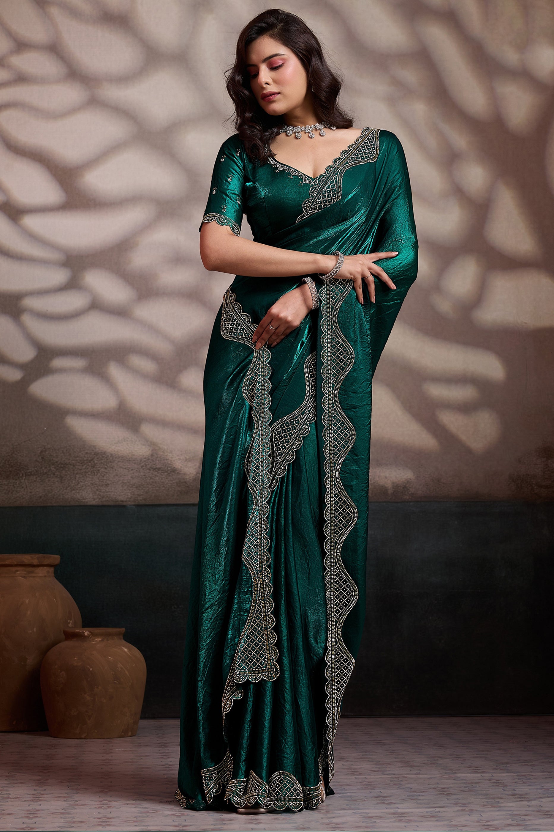 Green Stone Work Metallic Satin Saree-SAR12539_4_SareeButa.com