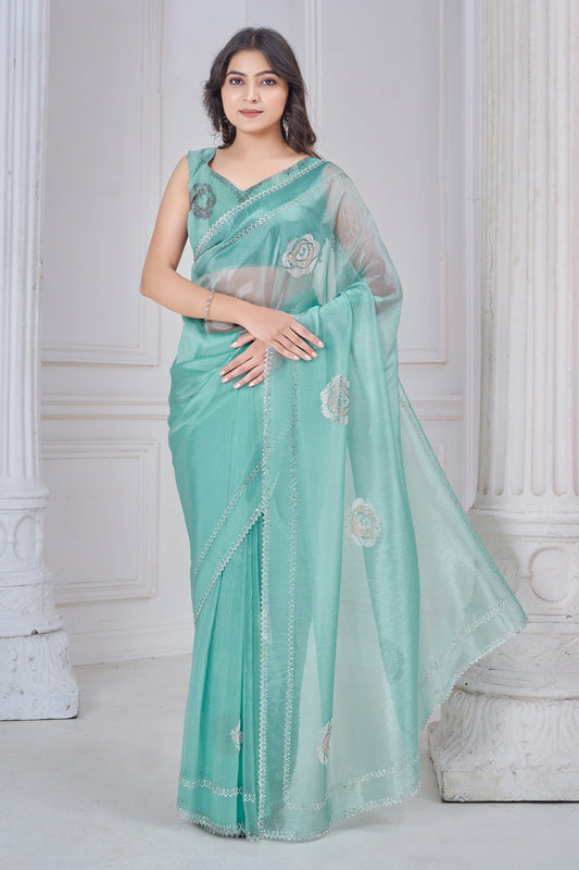 Green Stone Work Organza Saree-SAR10764_1_SareeButa.com
