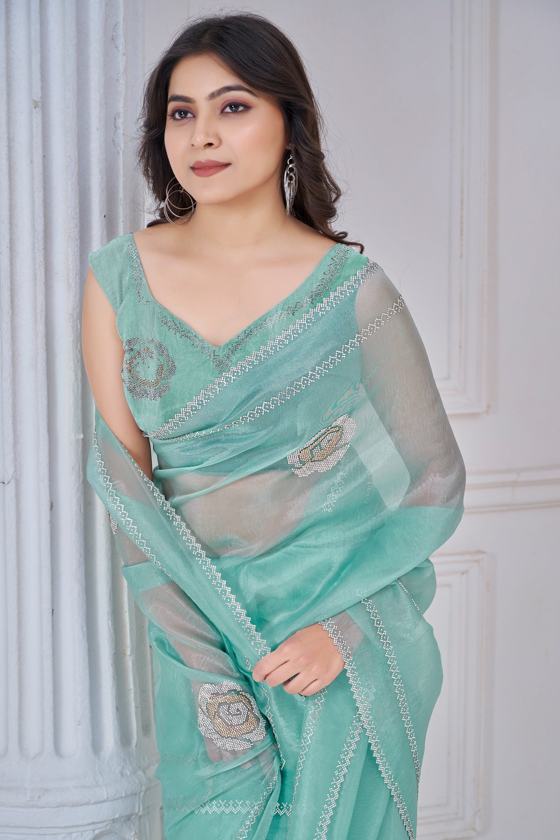 Green Stone Work Organza Saree-SAR10764_2_SareeButa.com