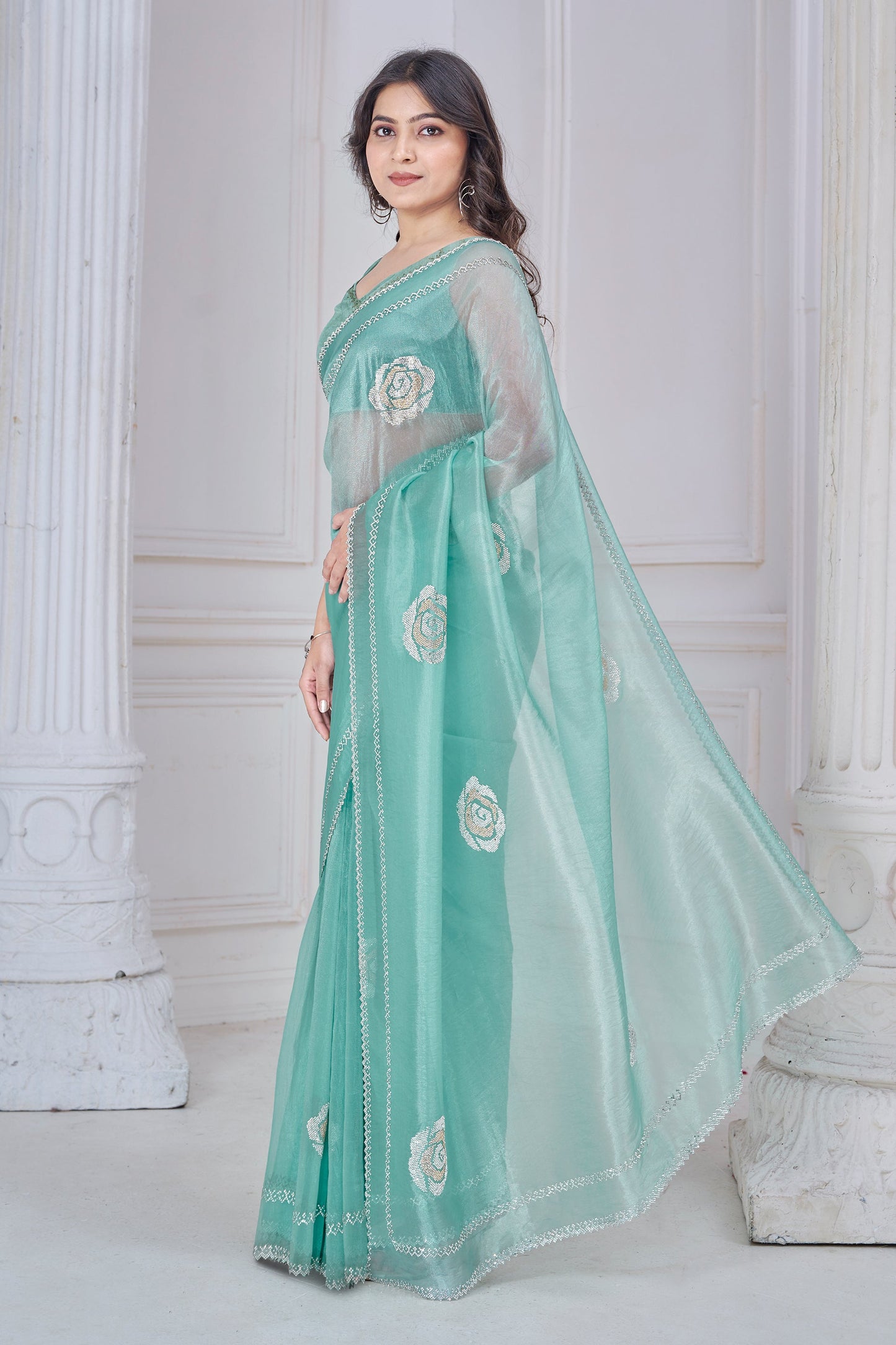 Green Stone Work Organza Saree-SAR10764_3_SareeButa.com