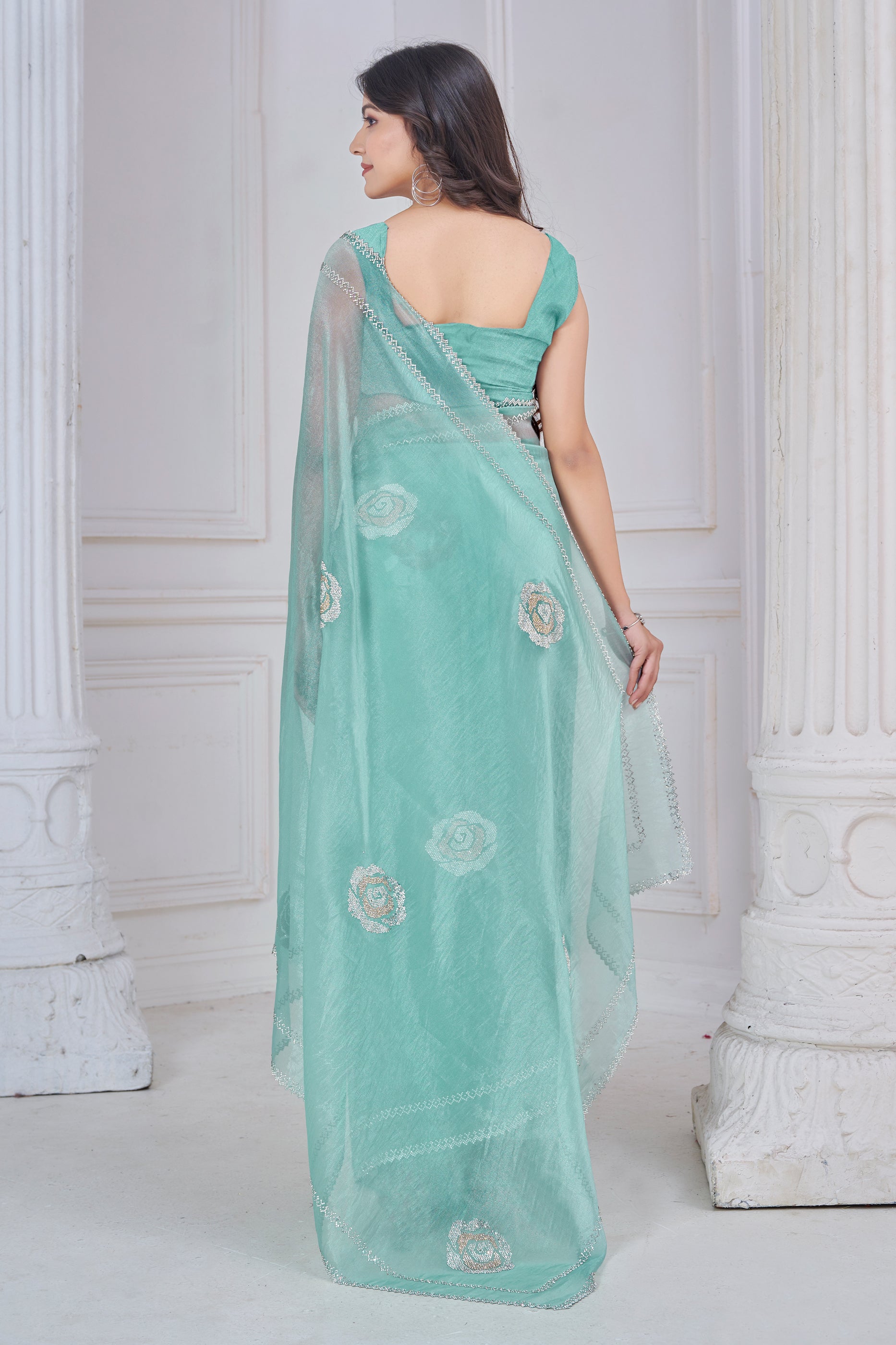 Green Stone Work Organza Saree-SAR10764_4_SareeButa.com