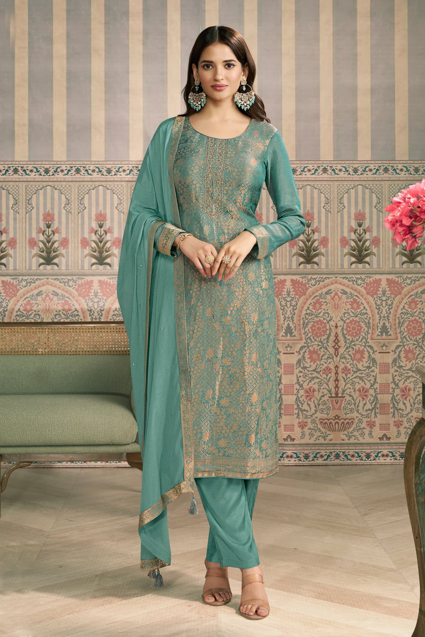 Green Viscose Jacquard Suit-SAR11508_1_SareeButa.com