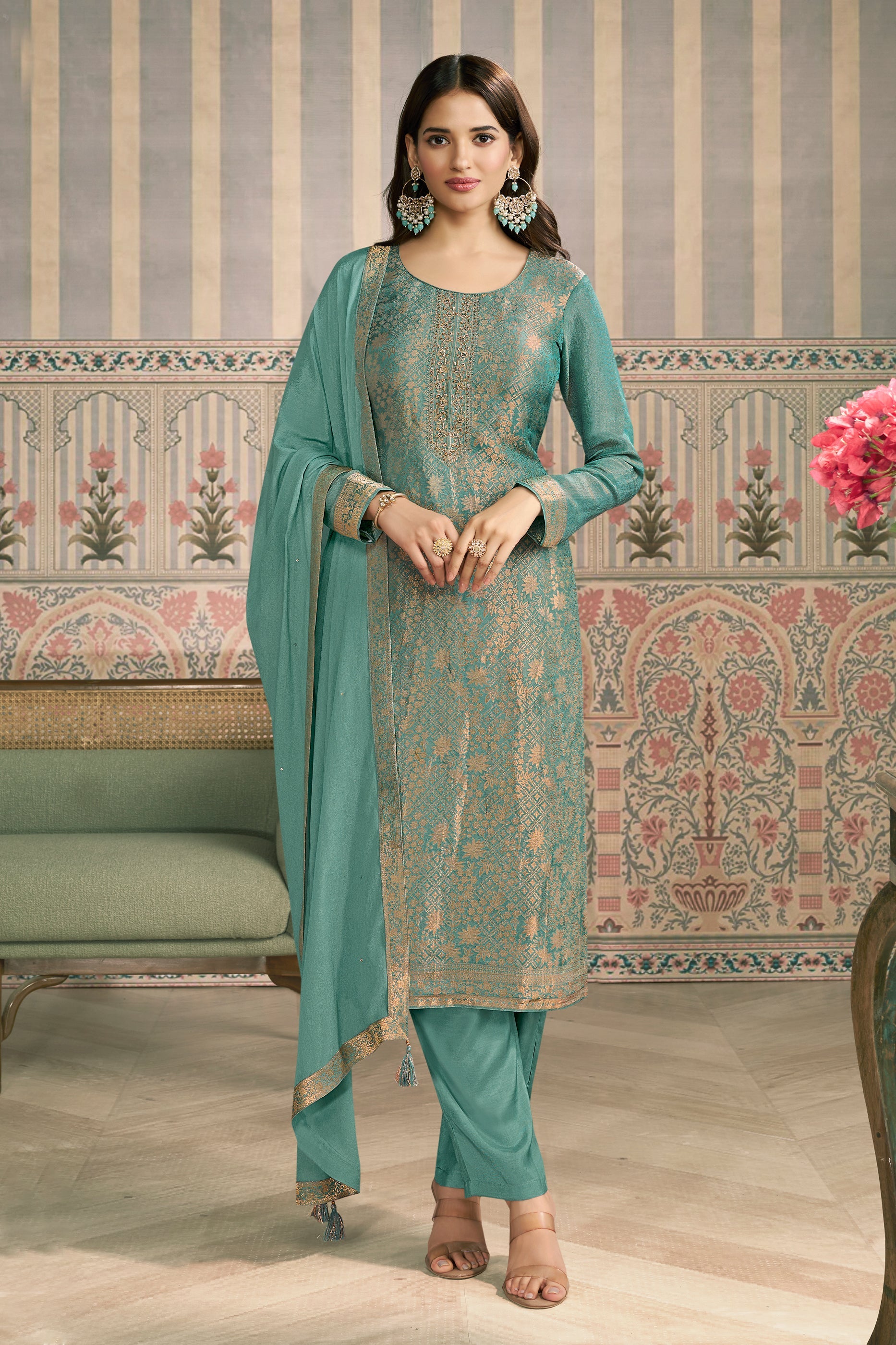 Green Viscose Jacquard Suit-SAR11508_1_SareeButa.com
