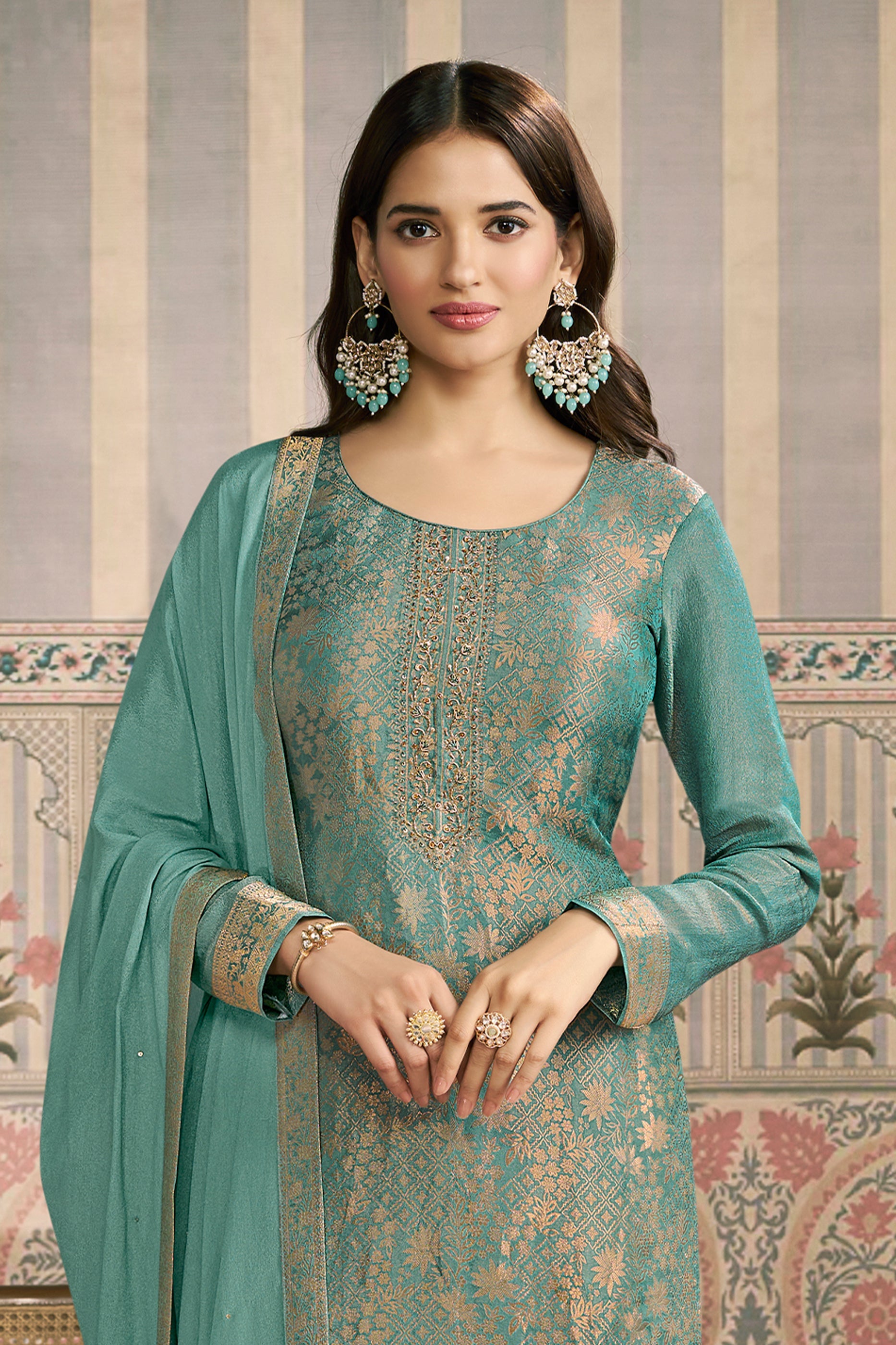 Green Viscose Jacquard Suit-SAR11508_3_SareeButa.com