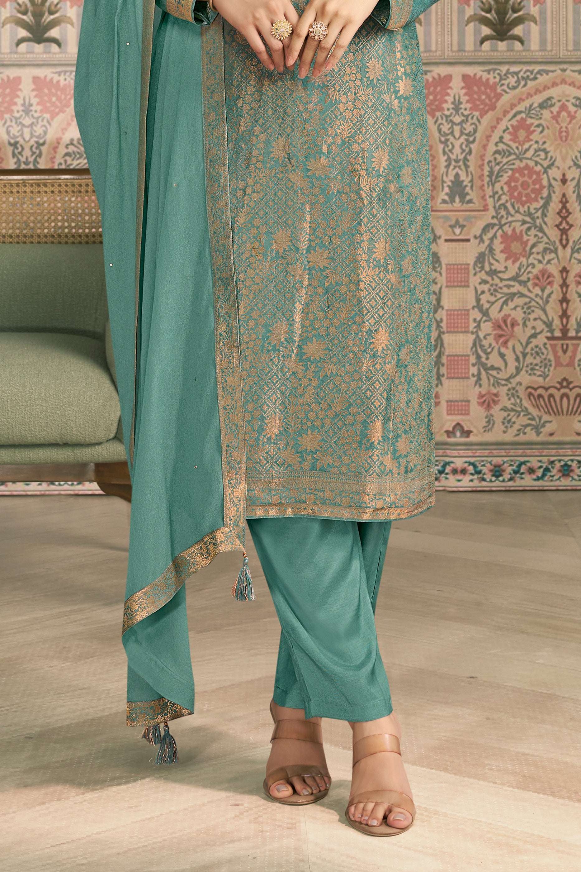 Green Viscose Jacquard Suit-SAR11508_4_SareeButa.com