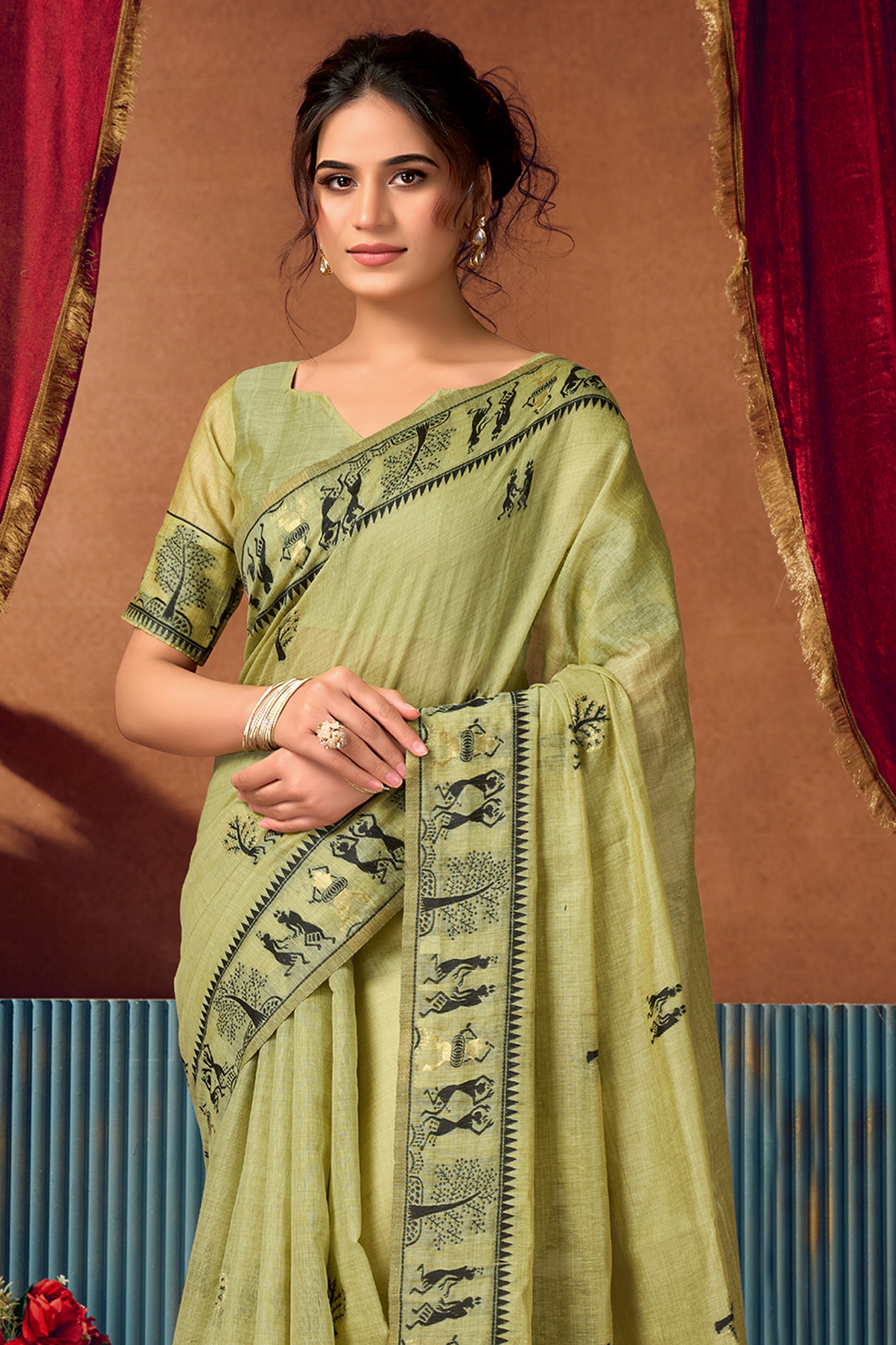 Green Warli Print Modal Cotton Saree-SAR12685_4_SareeButa.com