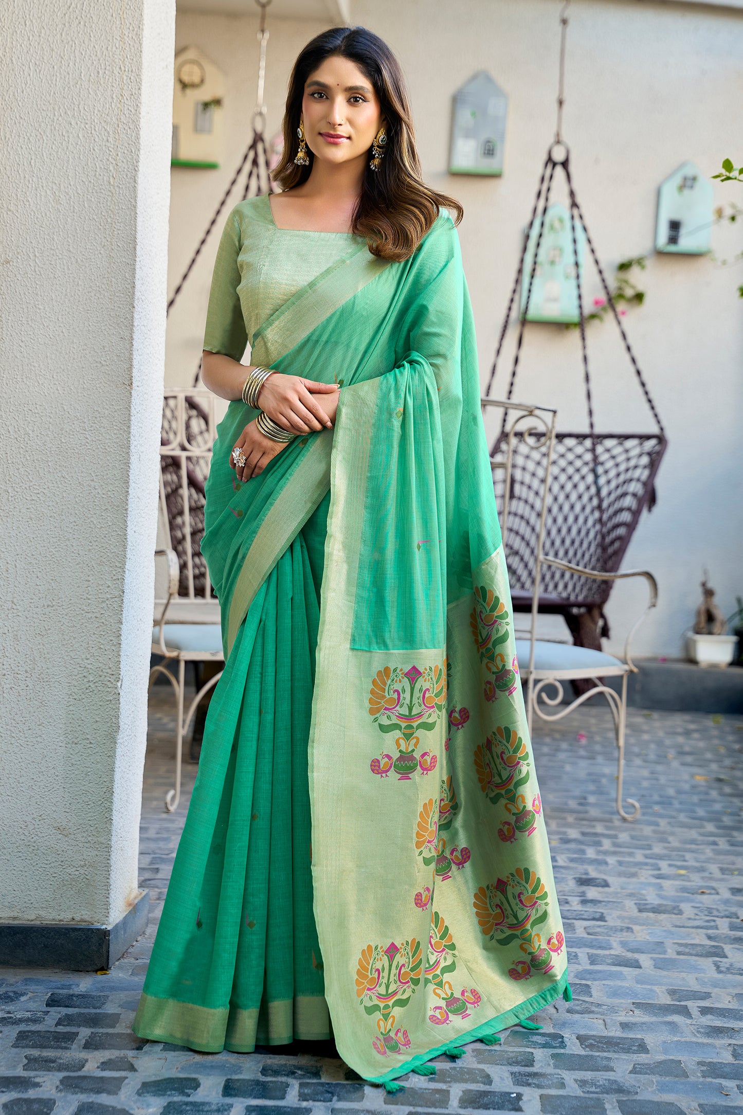 Green Woven Cotton Saree with Paithani Pallu-SAR12735_1_SareeButa.com