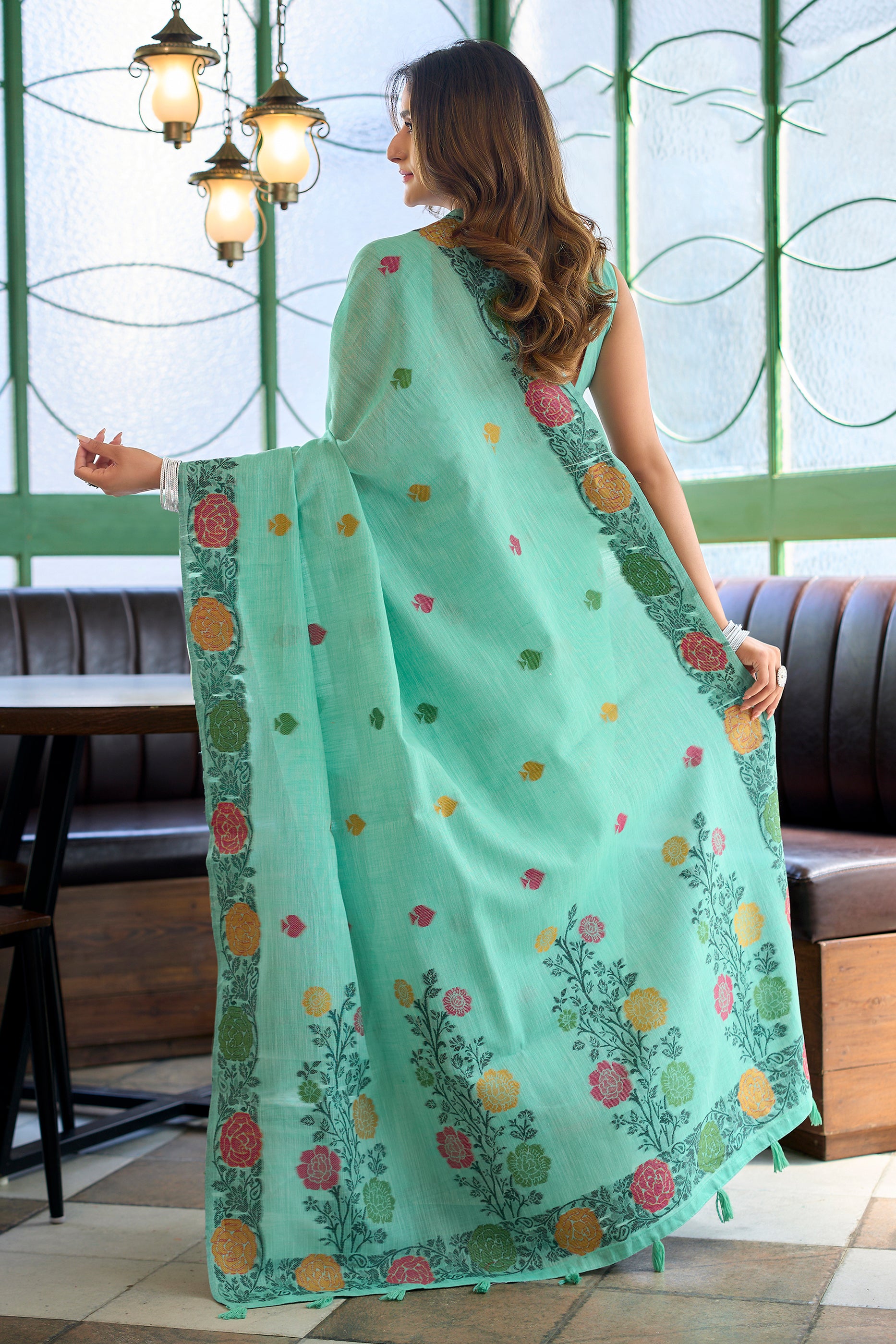 Green Woven Linen Saree-SAR12729_4_SareeButa.com
