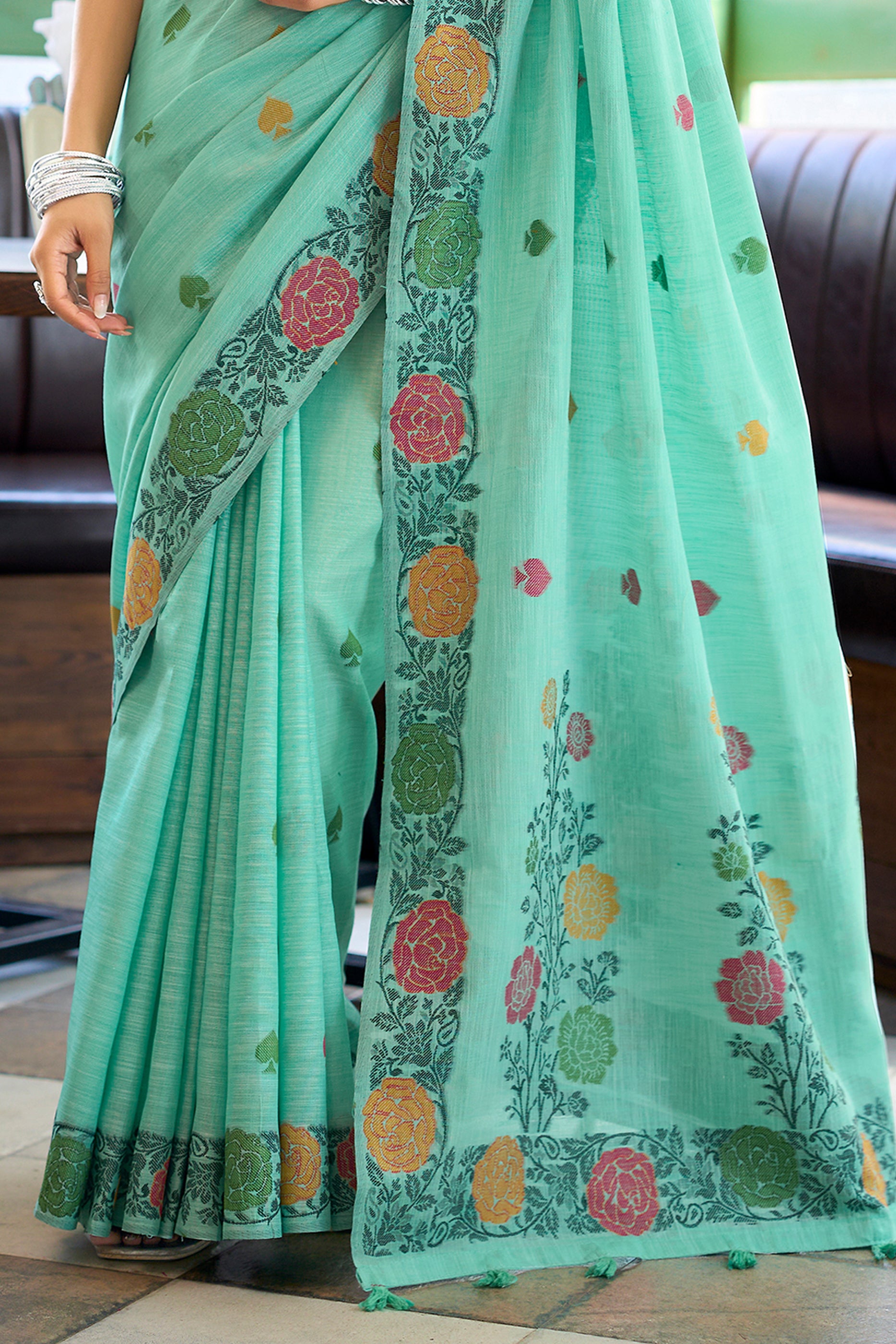 Green Woven Linen Saree-SAR12729_5_SareeButa.com