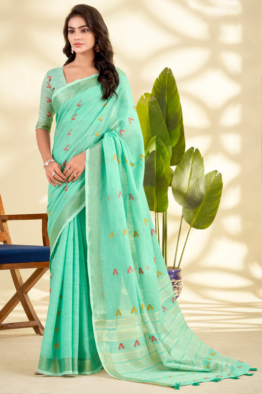 Green Woven Linen Silk Saree-SAR10012_1_SareeButa.com