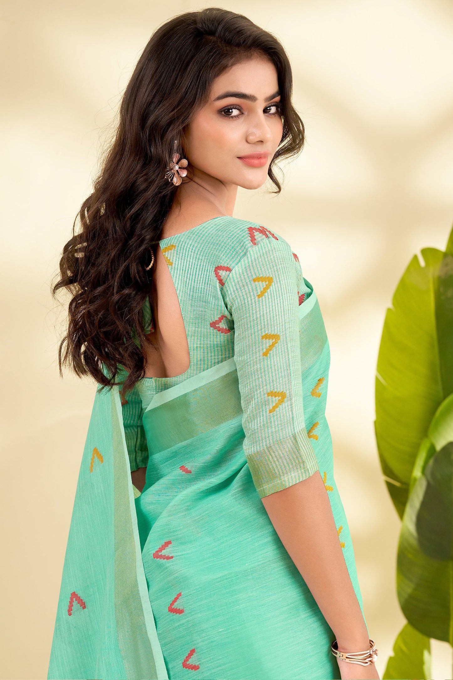 Green Woven Linen Silk Saree-SAR10012_2_SareeButa.com