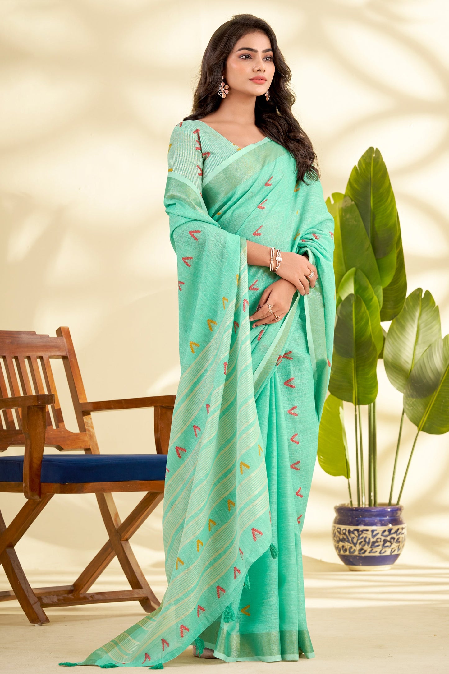 Green Woven Linen Silk Saree-SAR10012_3_SareeButa.com