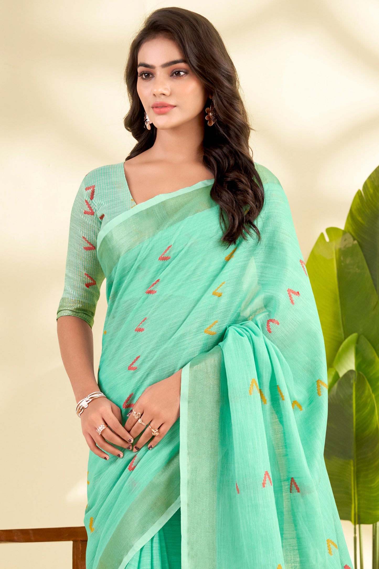 Green Woven Linen Silk Saree-SAR10012_4_SareeButa.com