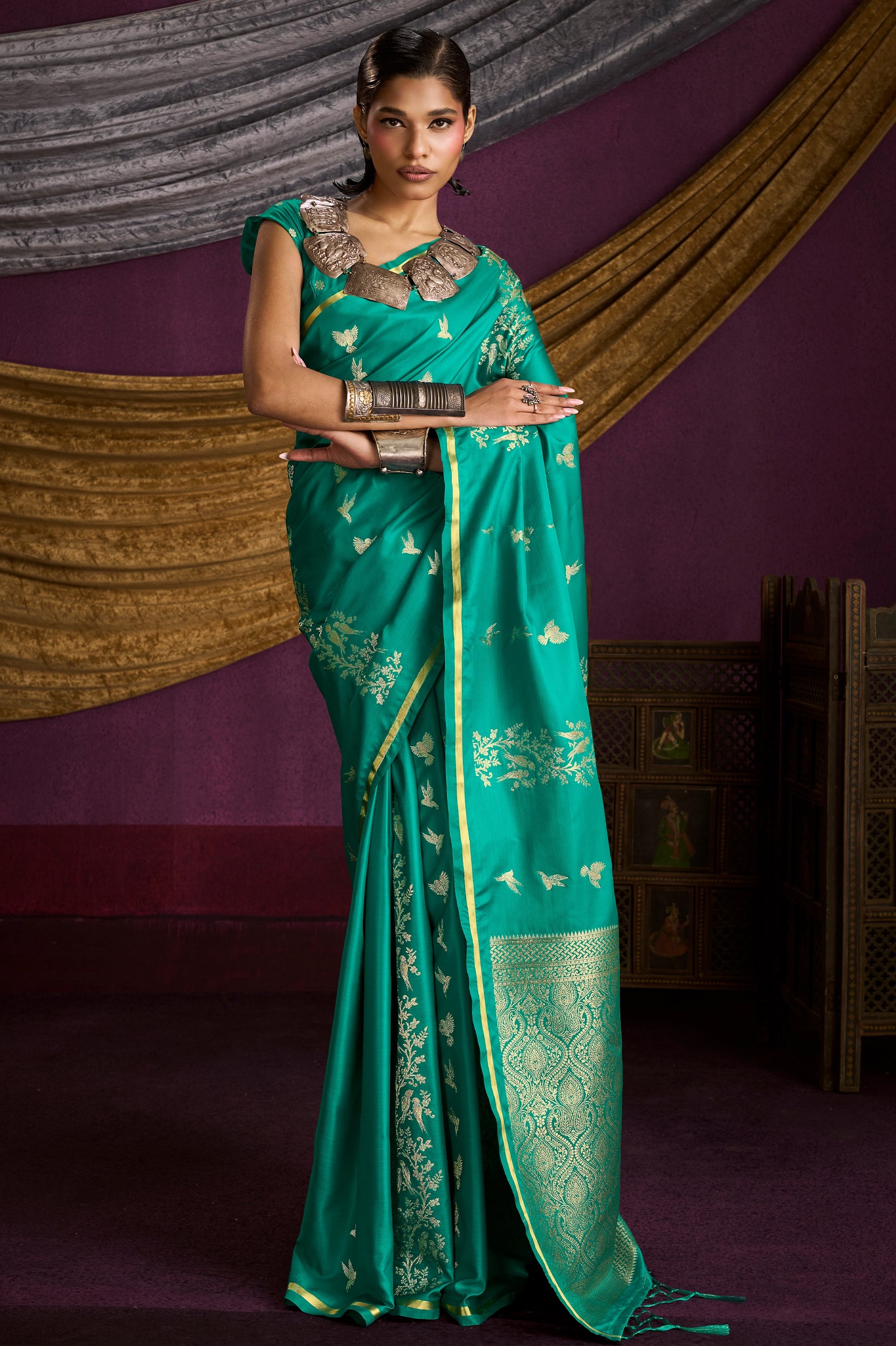 Green Woven Satin Silk Saree-SAR12331_1_SareeButa.com