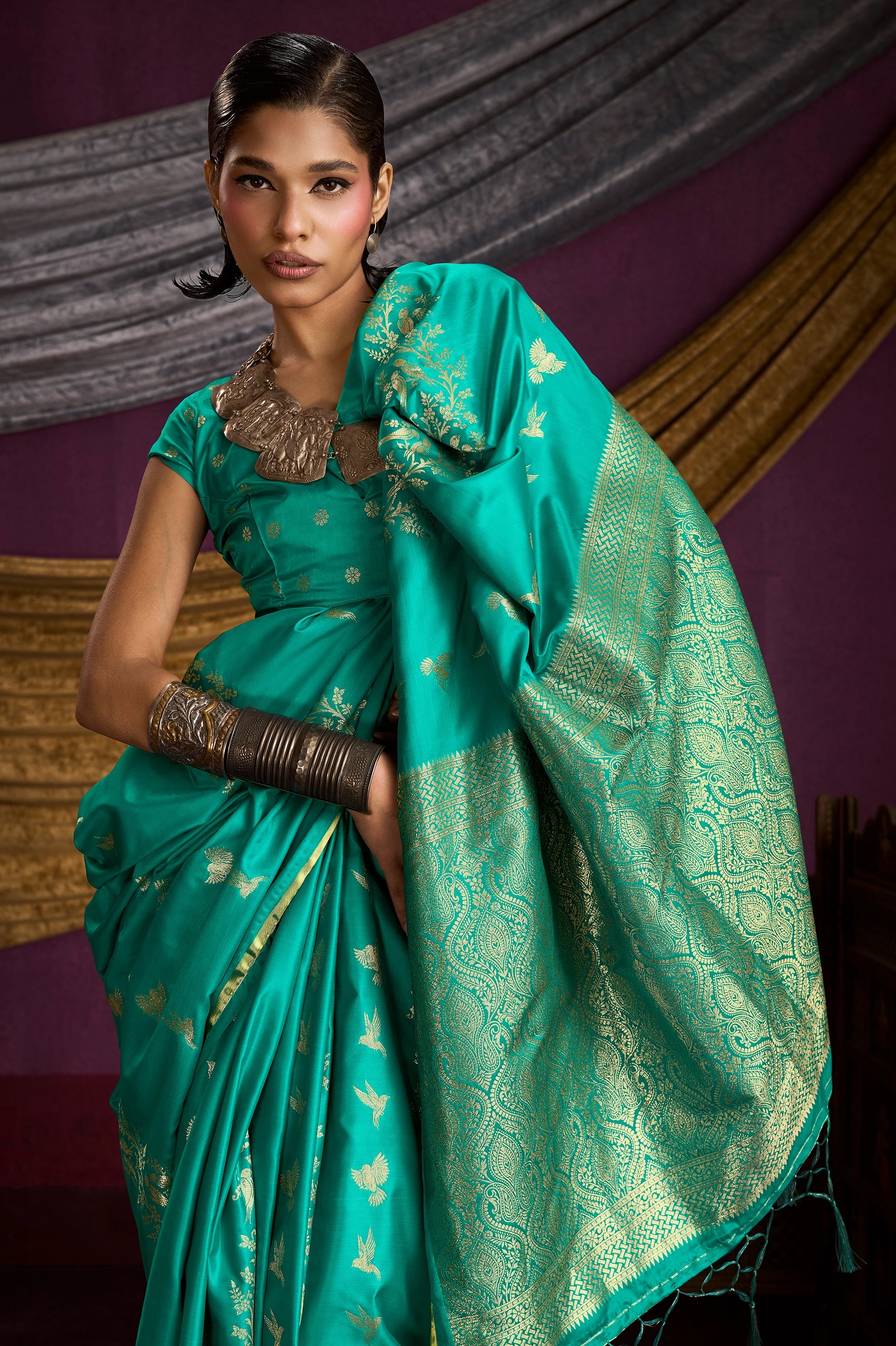 Green Woven Satin Silk Saree-SAR12331_2_SareeButa.com