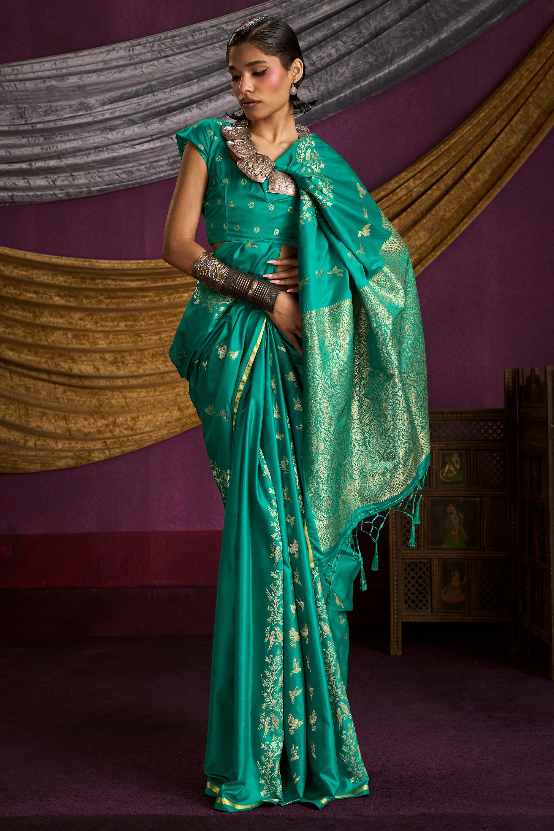Green Woven Satin Silk Saree-SAR12331_3_SareeButa.com