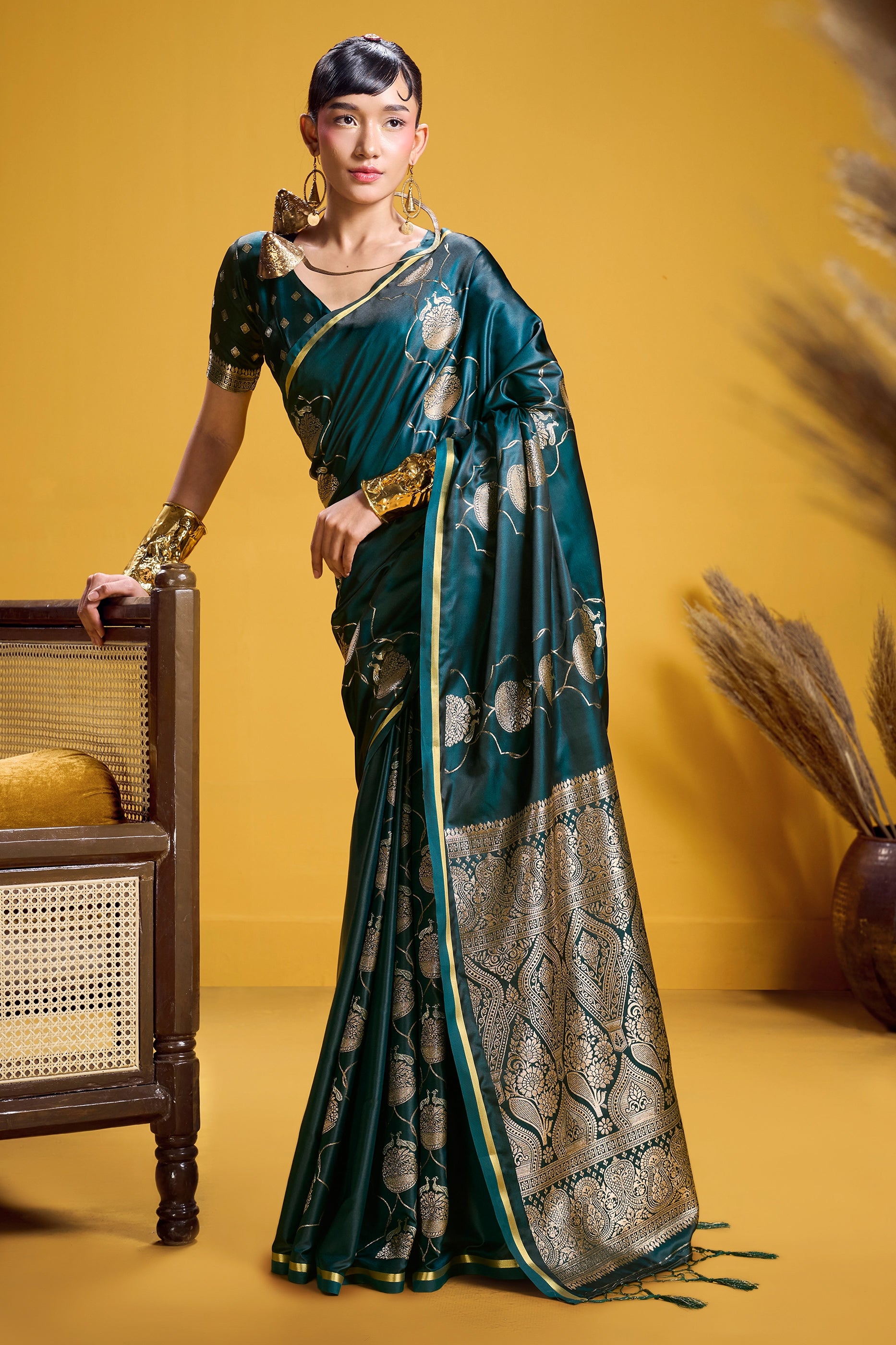 Green Woven Satin Silk Saree-SAR12373_1_SareeButa.com