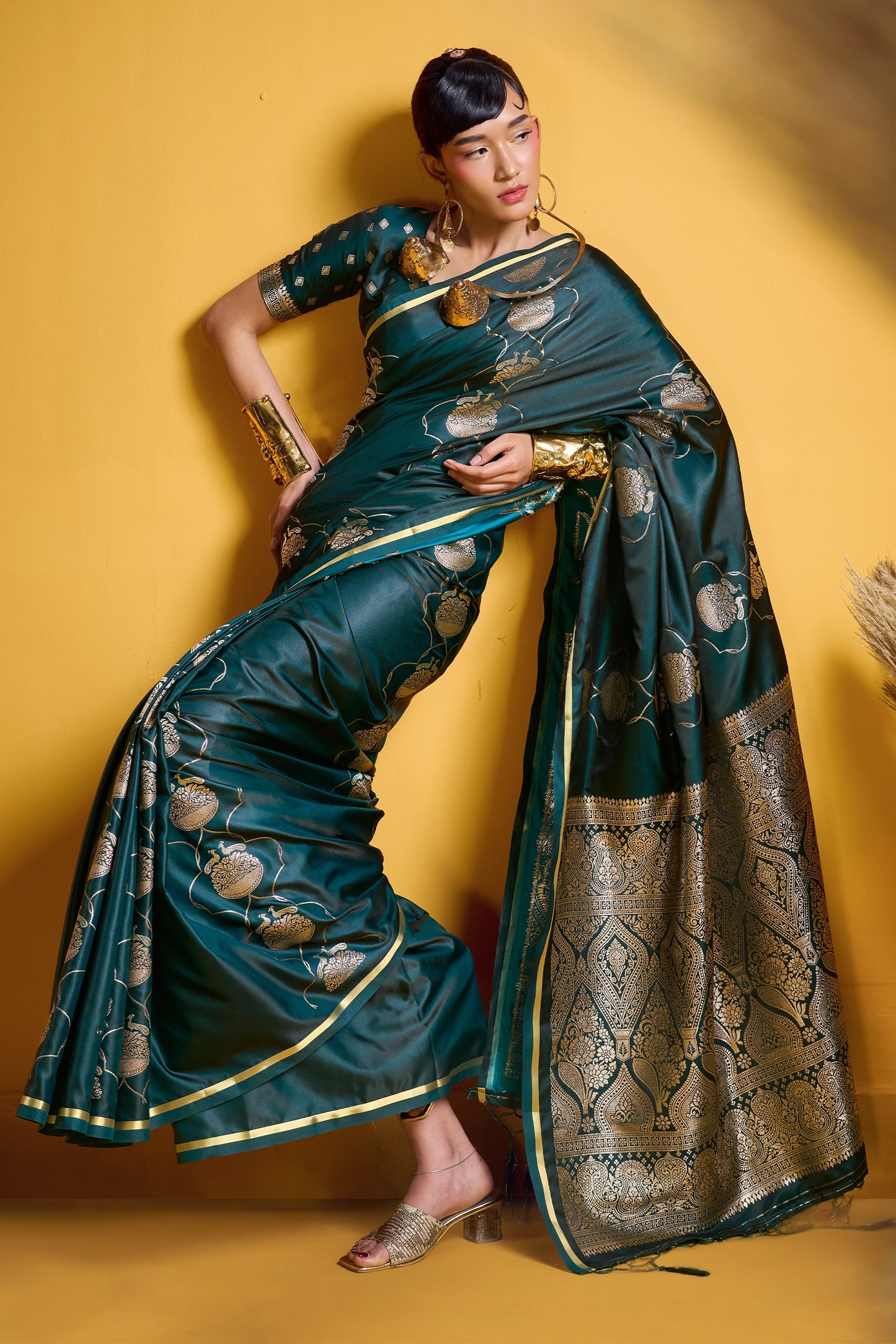 Green Woven Satin Silk Saree-SAR12373_3_SareeButa.com