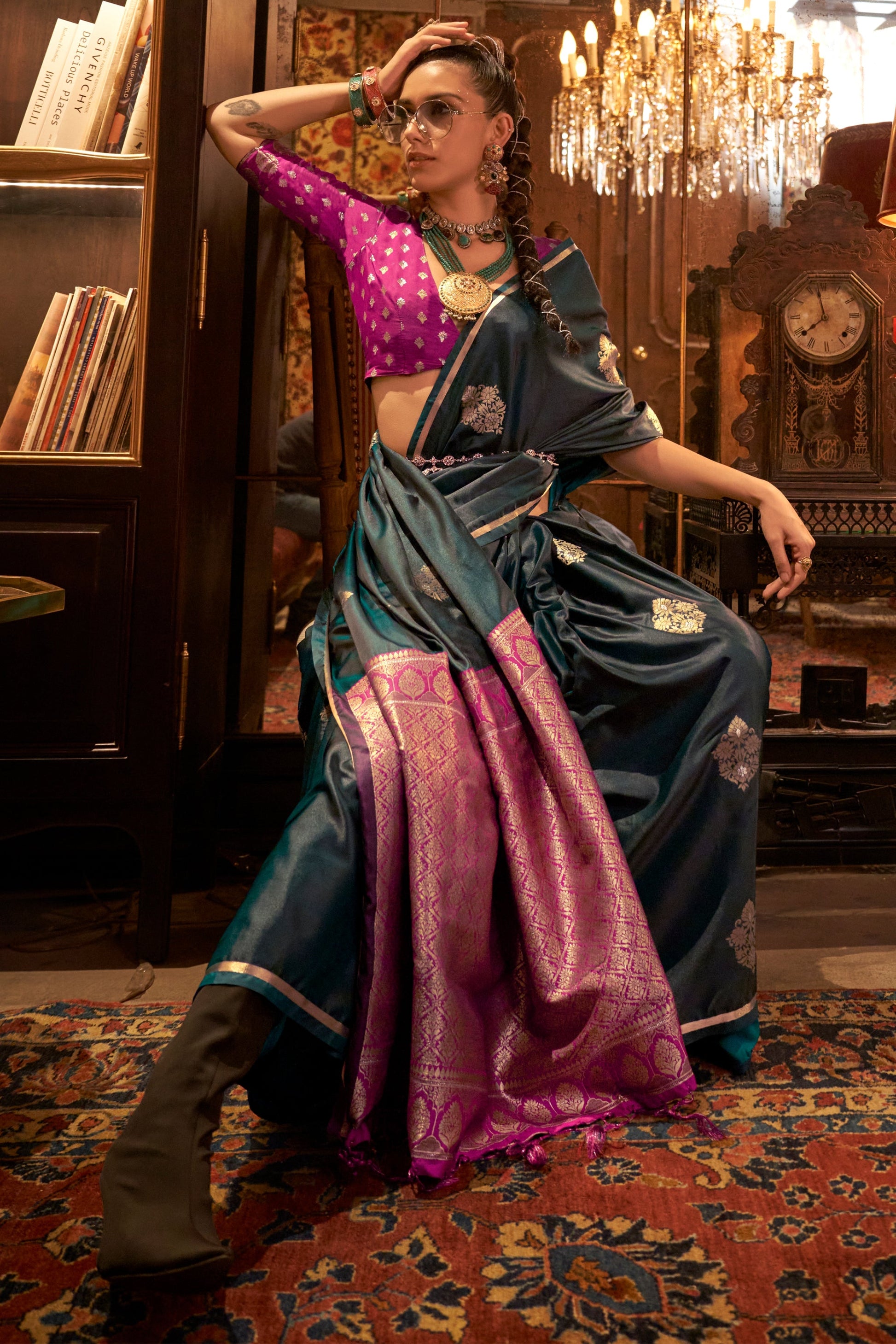 Green Woven Satin Silk Saree-ZB134133_3_SareeButa.com