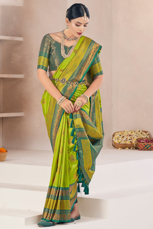 Green Woven Silk Saree-ZB132369_1