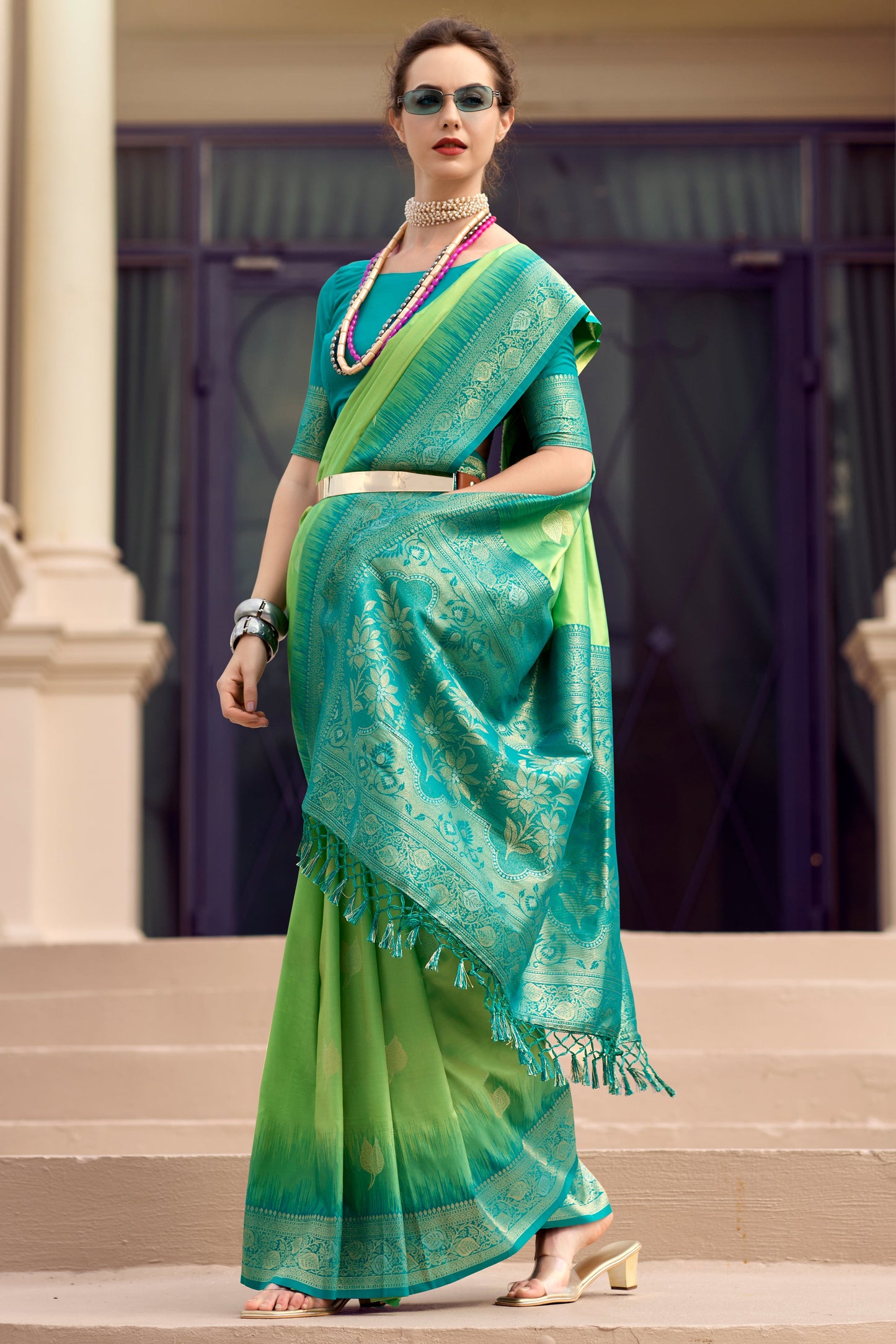 Green Woven Silk Saree-ZB133775_3_SareeButa.com