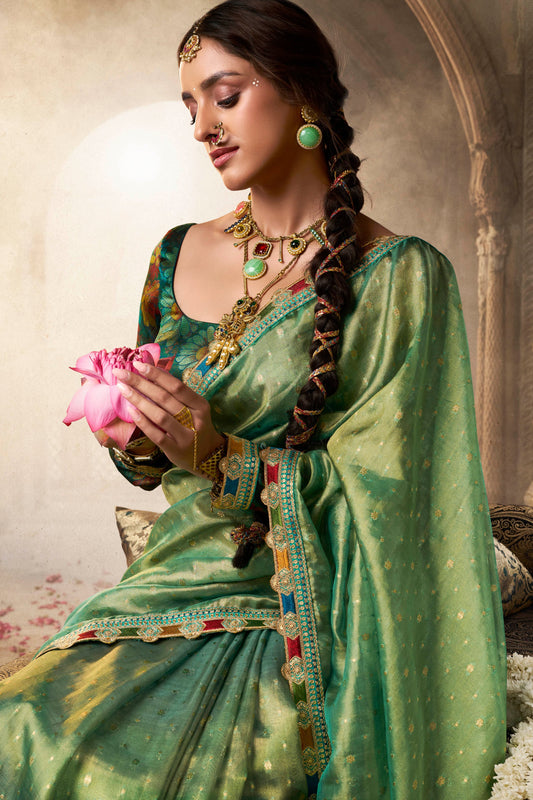 Green Woven Tissue Silk Saree With Lace Border-ZB134640_2_SareeButa.com