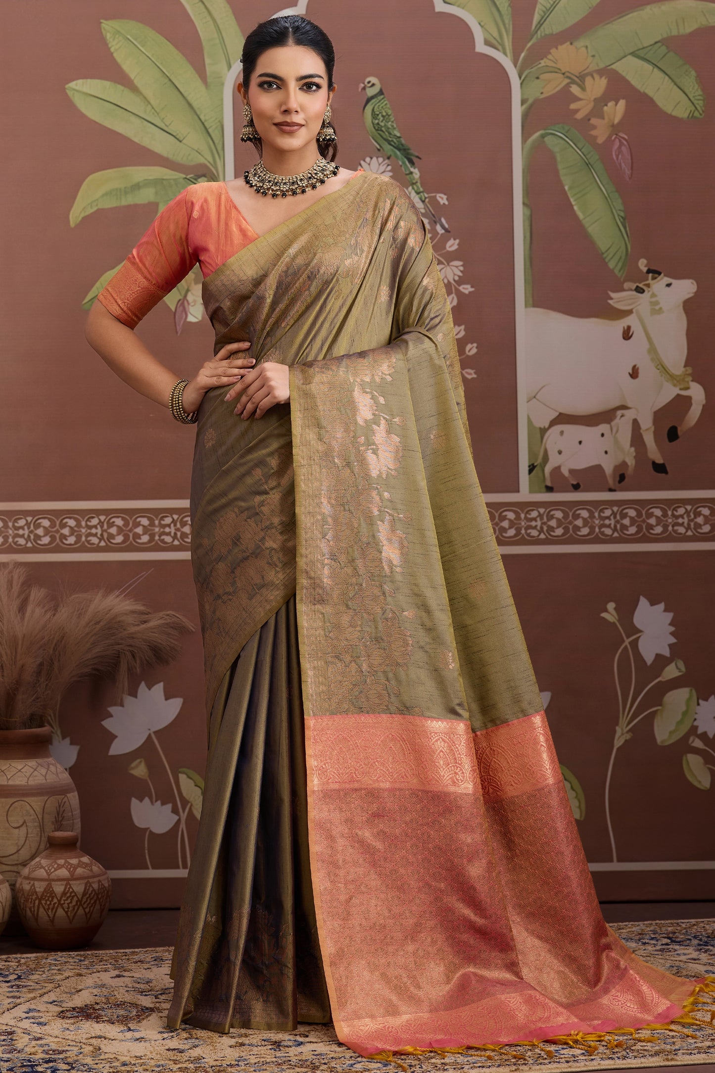 Green Woven Tussar Silk Saree-SAR12308_1_SareeButa.com