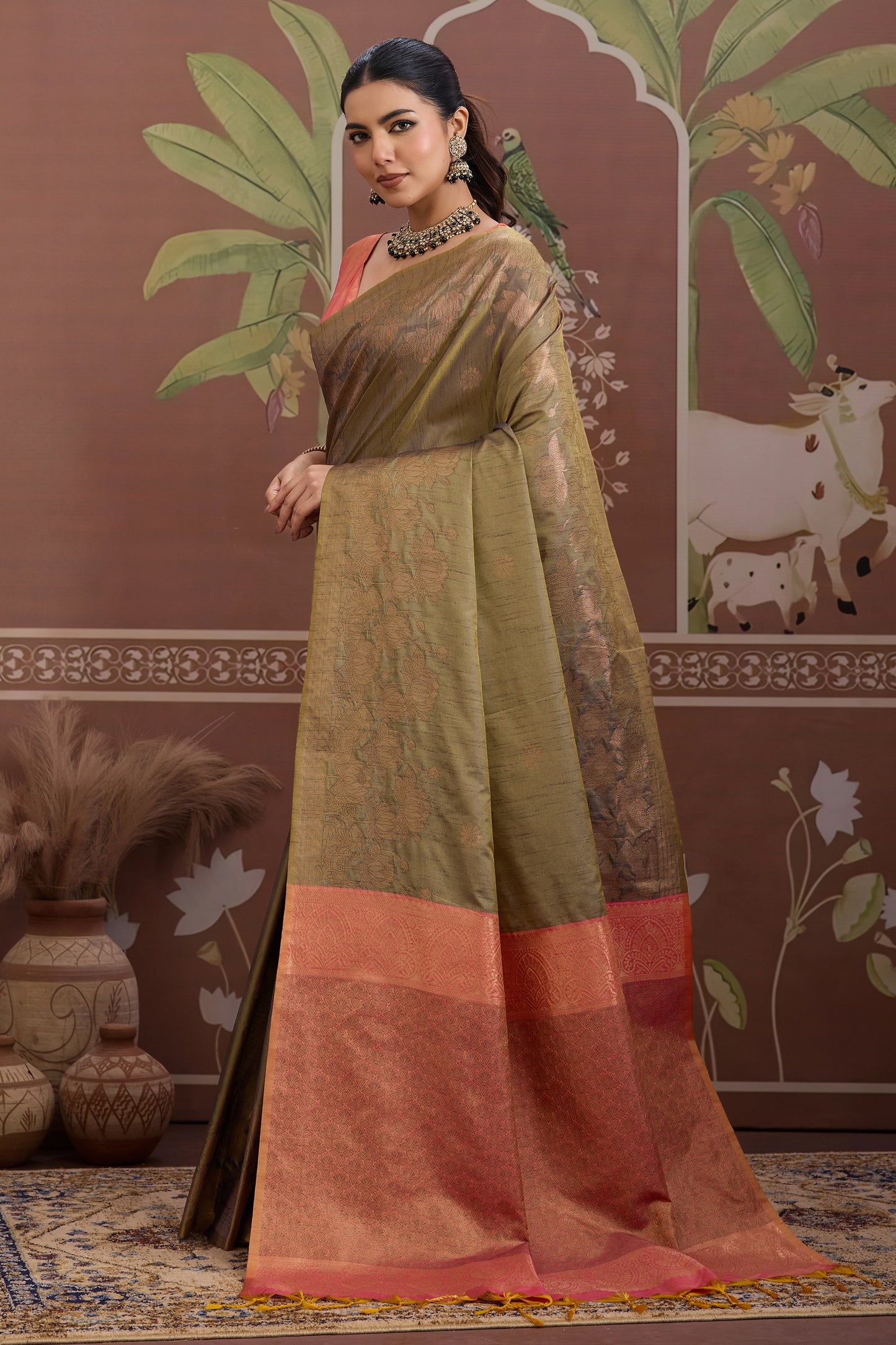 Green Woven Tussar Silk Saree-SAR12308_4_SareeButa.com