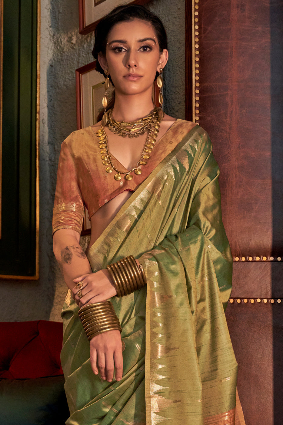 Green Woven Tussar Silk Saree-ZB133043_2_SareeButa.com