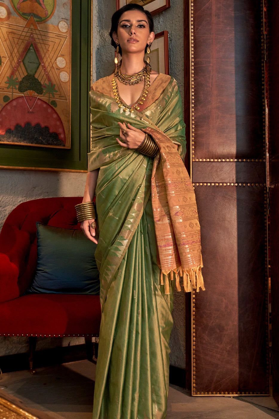 Green Woven Tussar Silk Saree-ZB133043_3_SareeButa.com