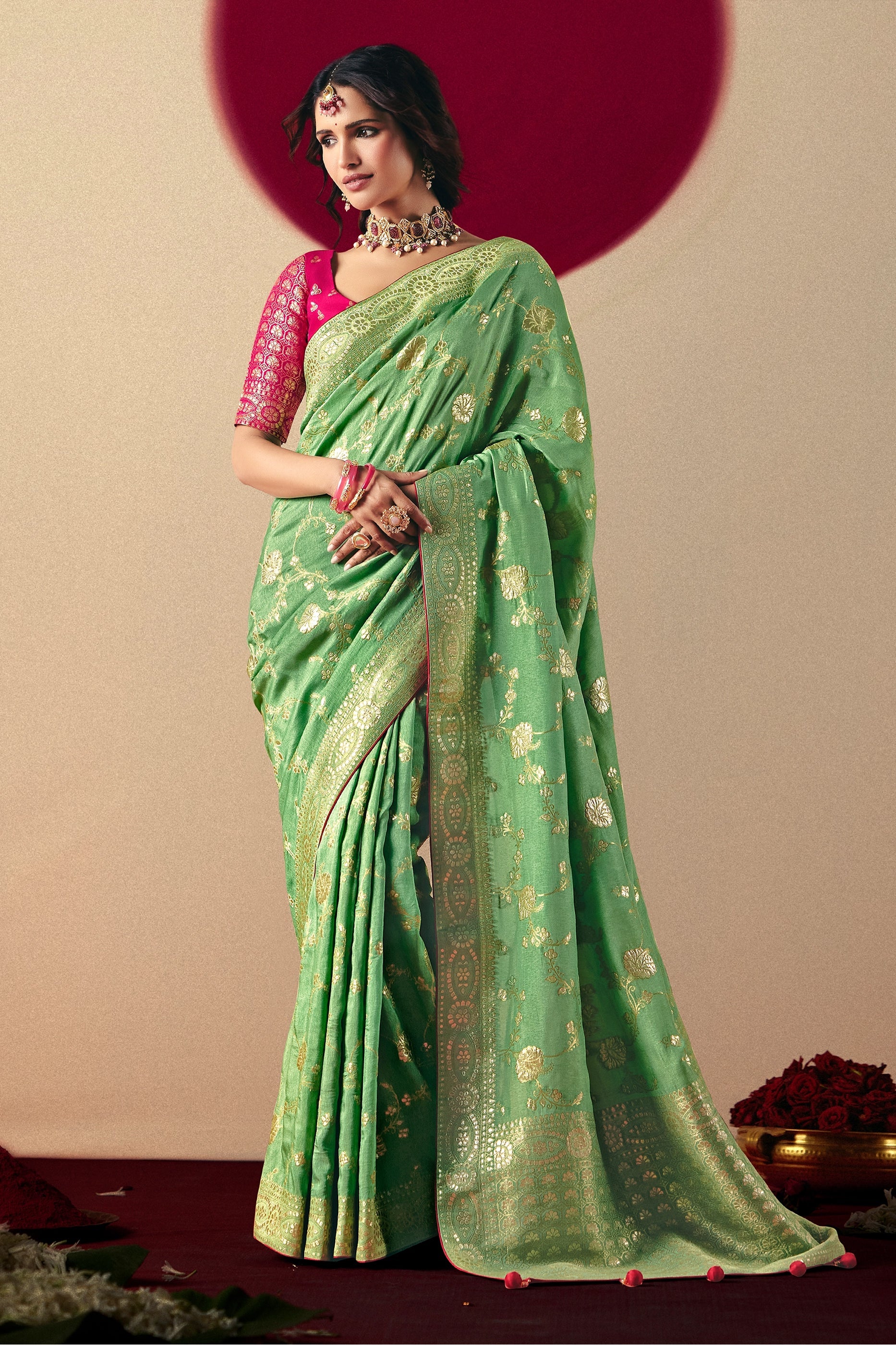 Green Woven Viscose Silk Saree With Brocade Blouse-SAR10246_1_SareeButa.com