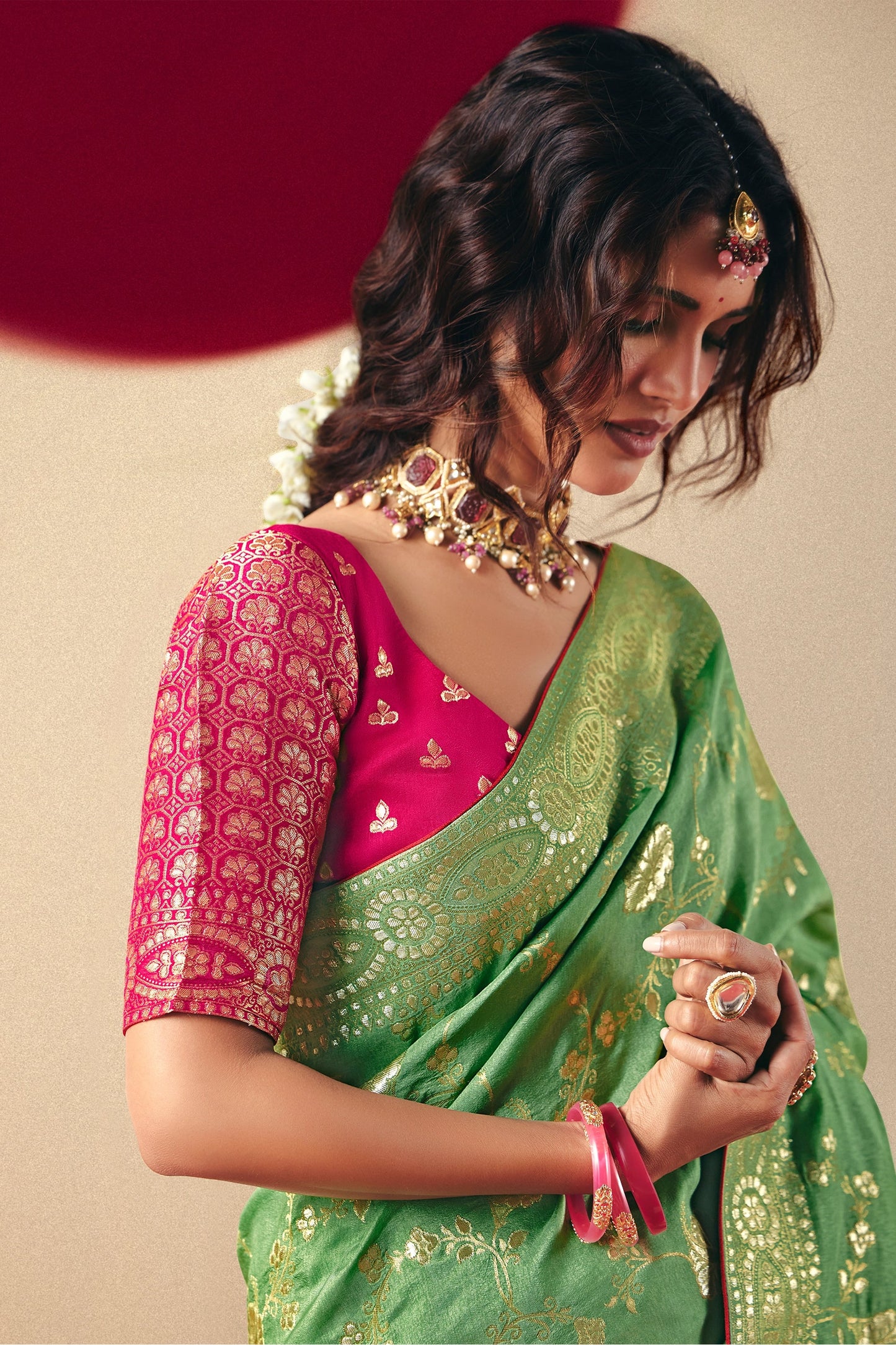 Green Woven Viscose Silk Saree With Brocade Blouse-SAR10246_2_SareeButa.com