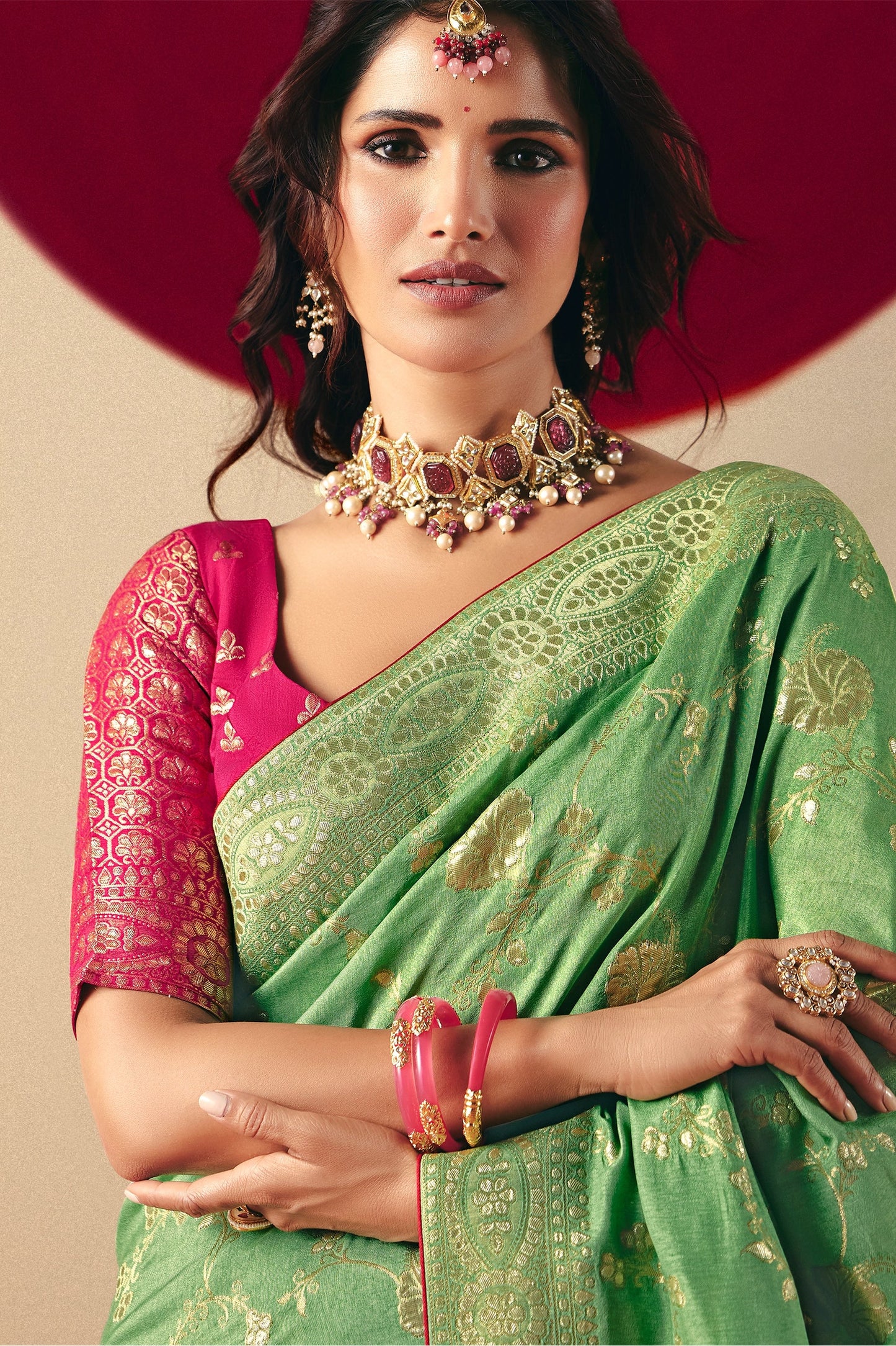 Green Woven Viscose Silk Saree With Brocade Blouse-SAR10246_3_SareeButa.com
