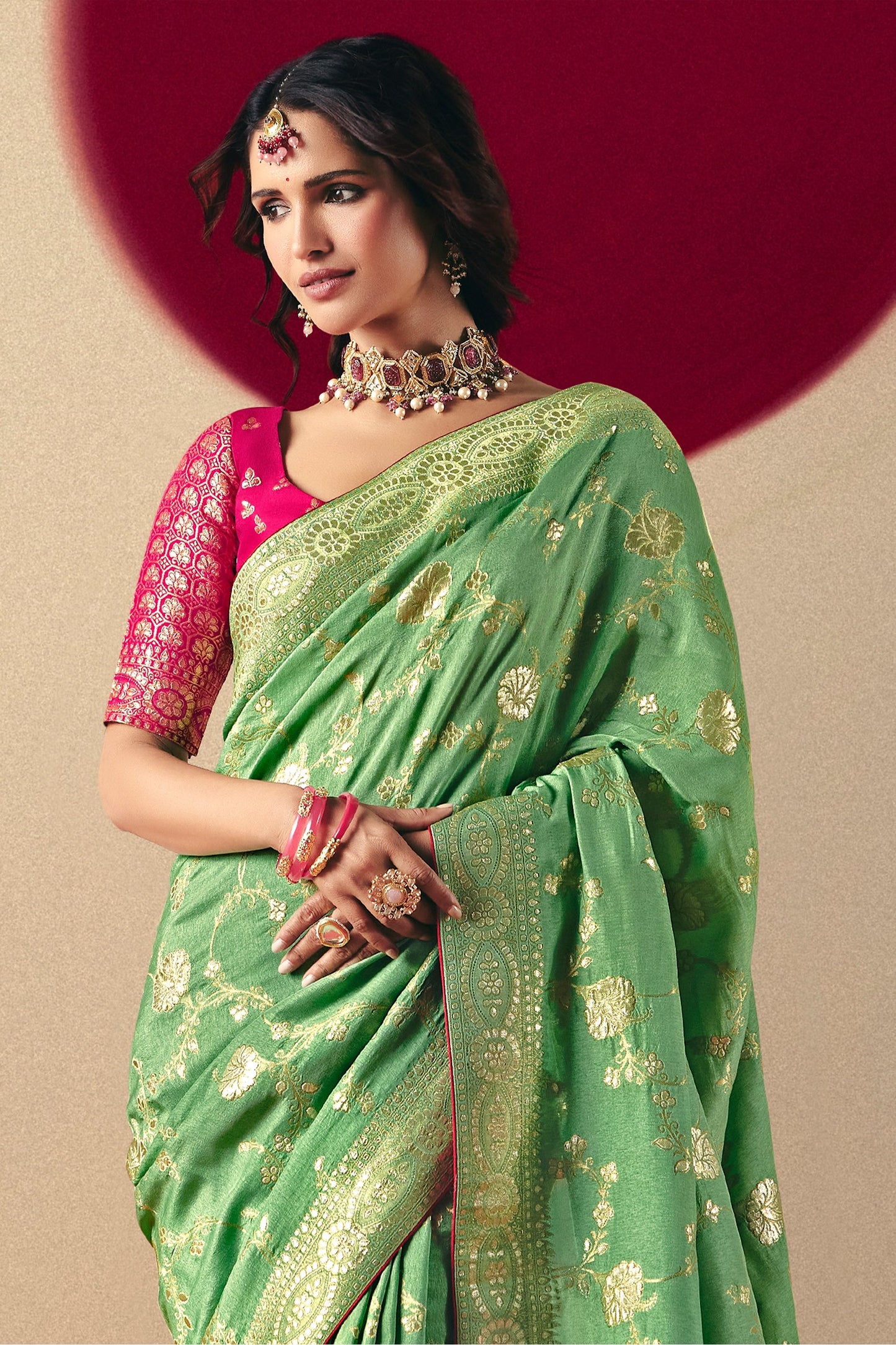 Green Woven Viscose Silk Saree With Brocade Blouse-SAR10246_4_SareeButa.com