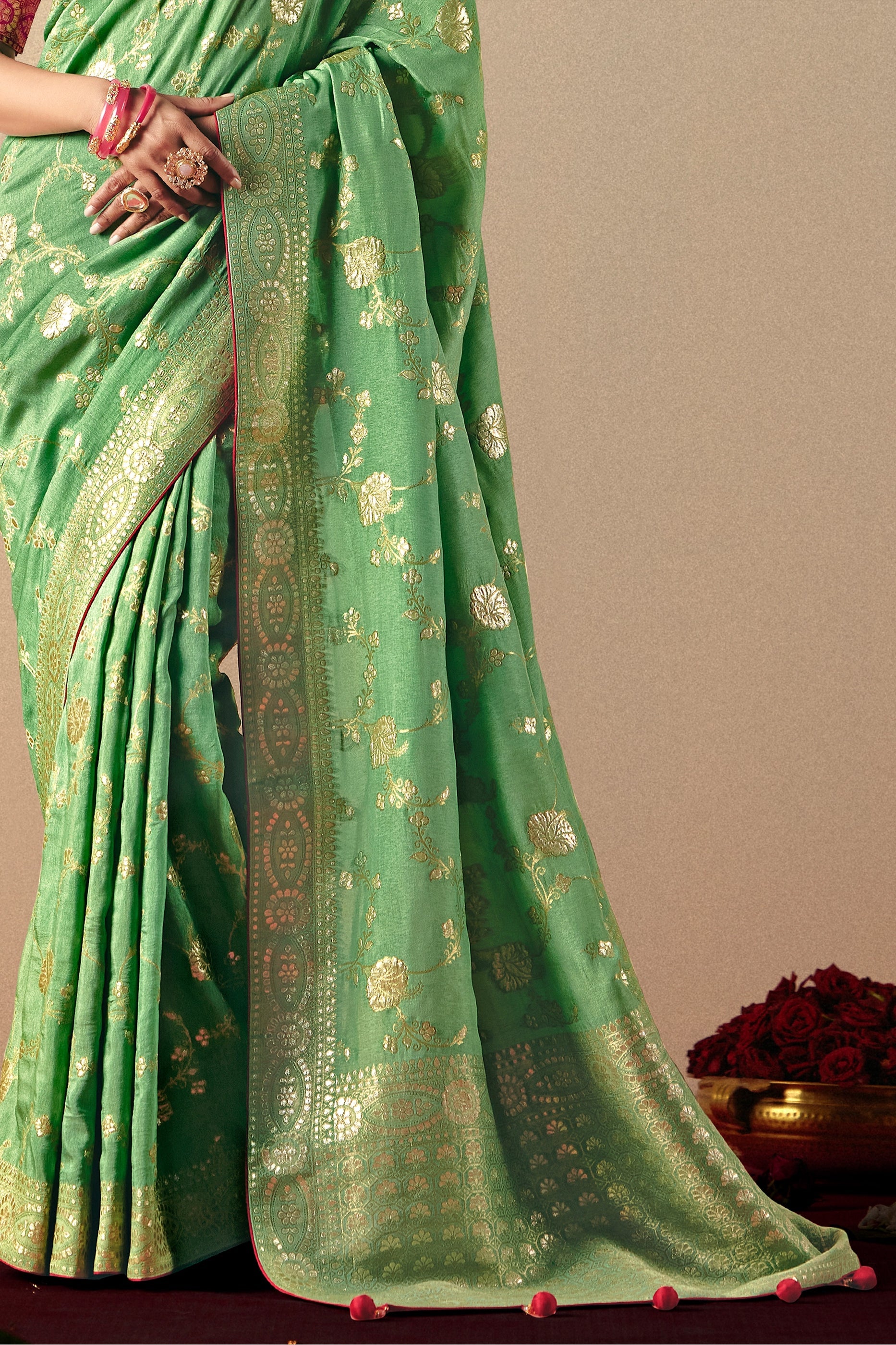 Green Woven Viscose Silk Saree With Brocade Blouse-SAR10246_5_SareeButa.com