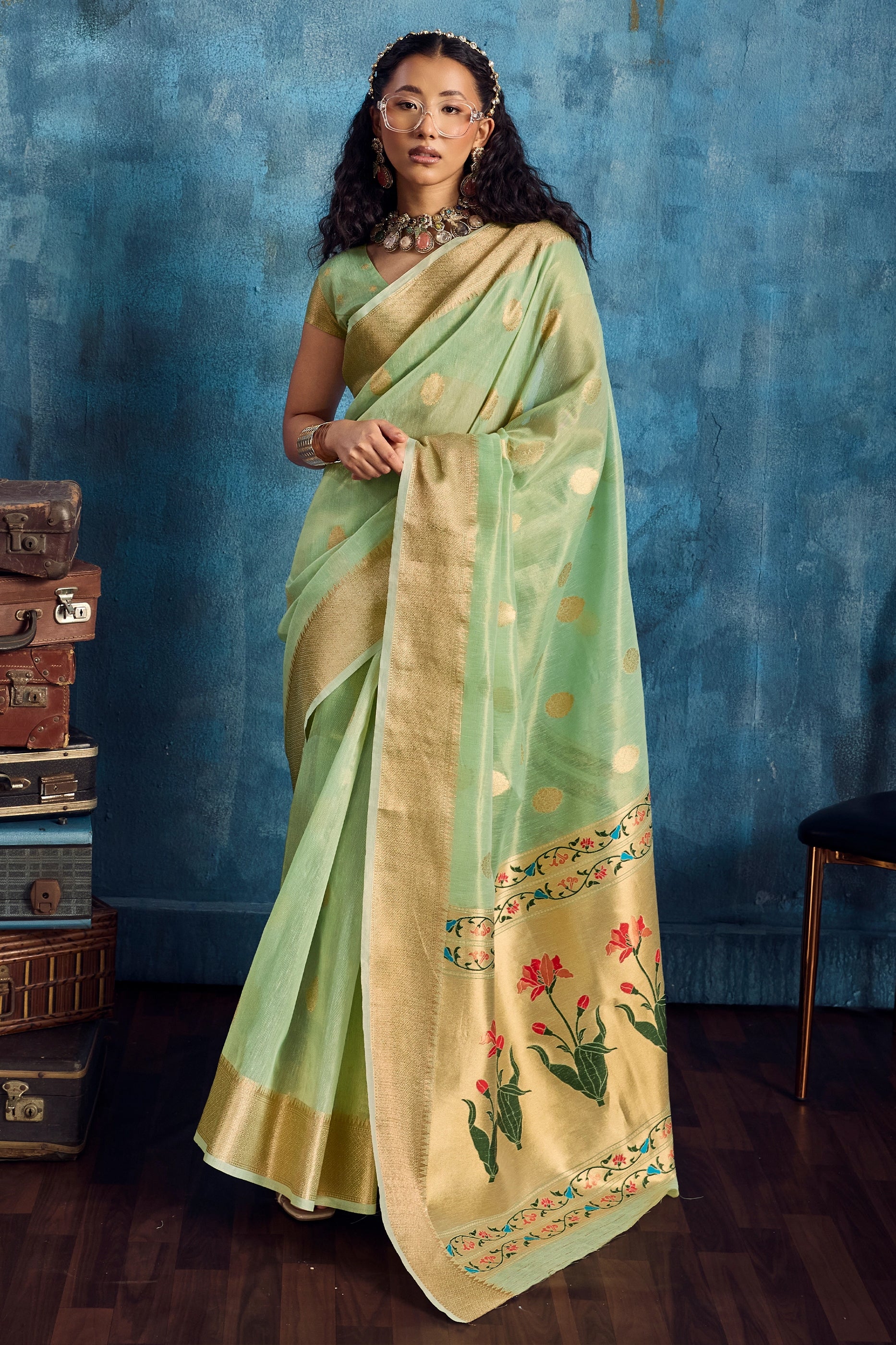 Green Woven Zari Tissue Saree-SAR12352_1_SareeButa.com