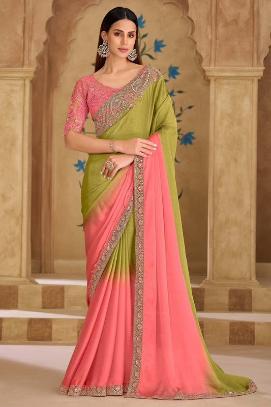 Green and Pink Embroidered Chiffon Saree-SAR11709_1_SareeButa.com