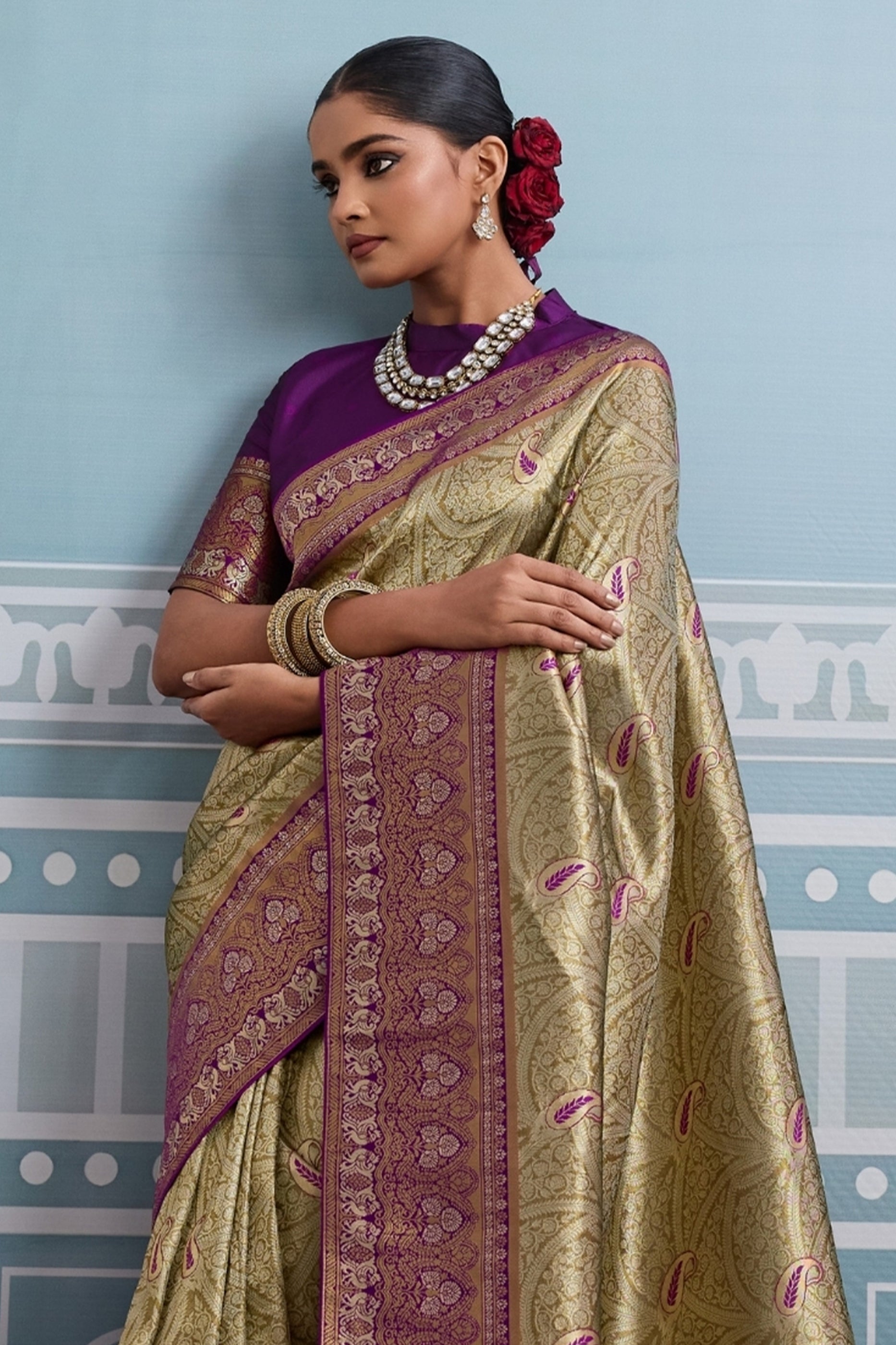 Green and Purple Woven Kanjivaram Silk Saree-SAR10377_5_SareeButa.com