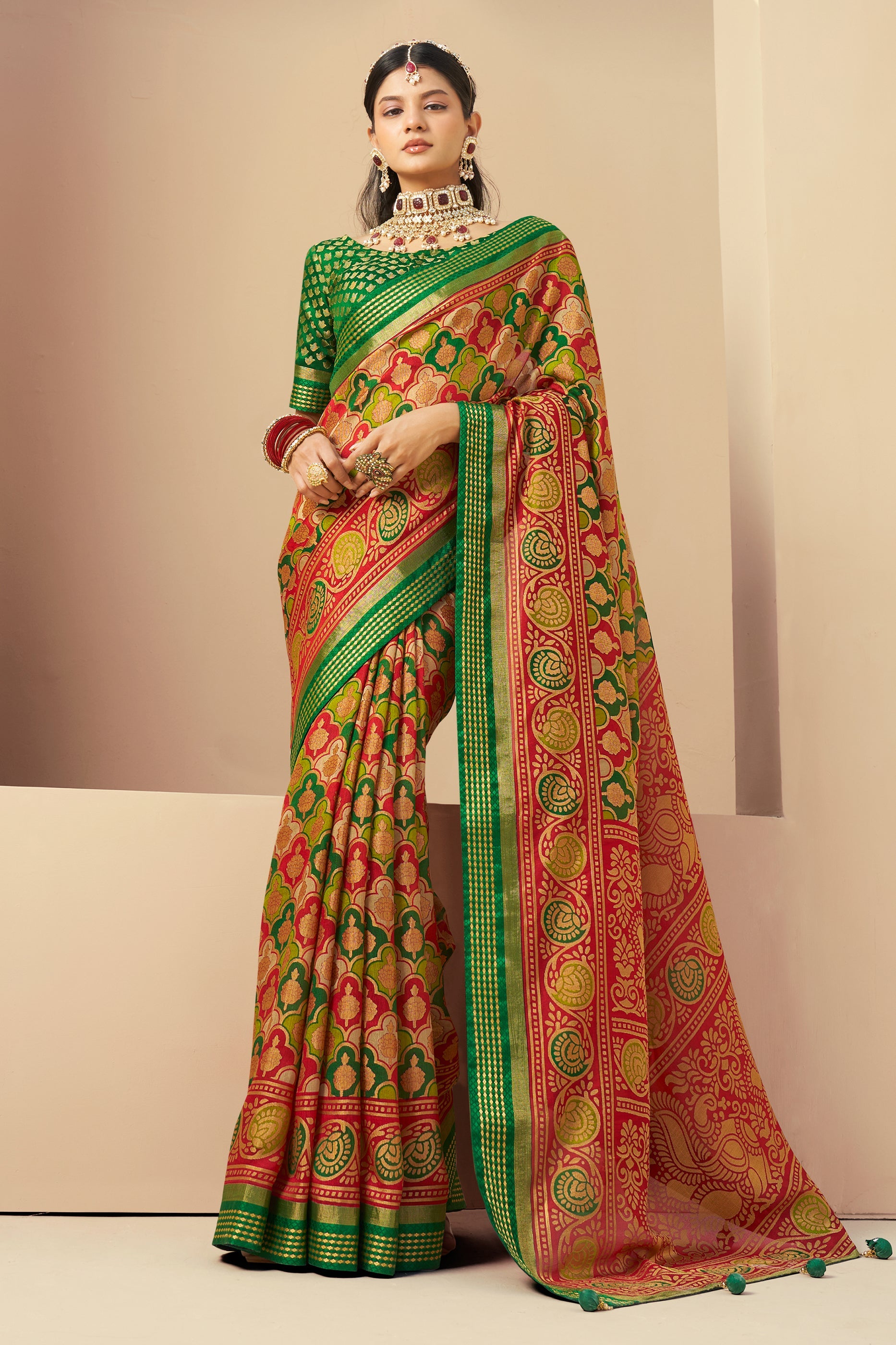 Green and Red Printed Georgette Saree-SAR10122_1_SareeButa.com