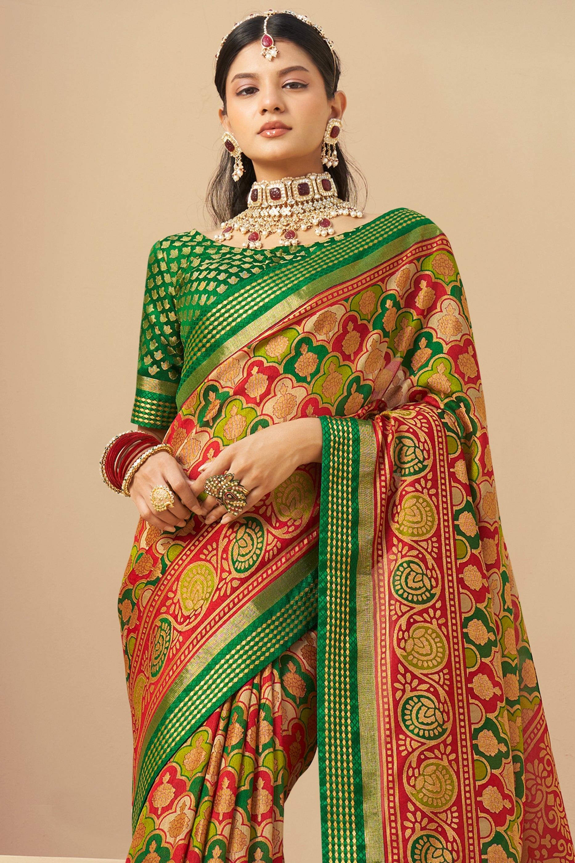 Green and Red Printed Georgette Saree-SAR10122_3_SareeButa.com