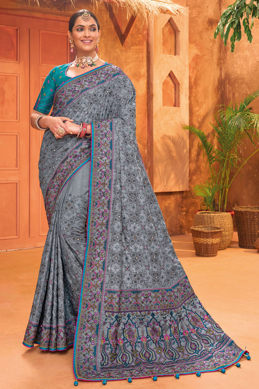 Grey Designer Kacchi Work Silk Saree-ZB130637_1