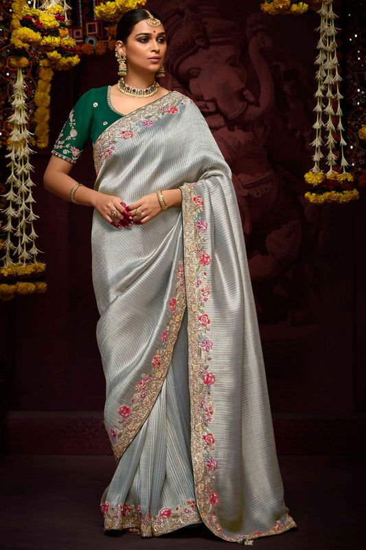 Grey Embroidered Banarasi Silk Saree-ZB133282_1_SareeButa.Com