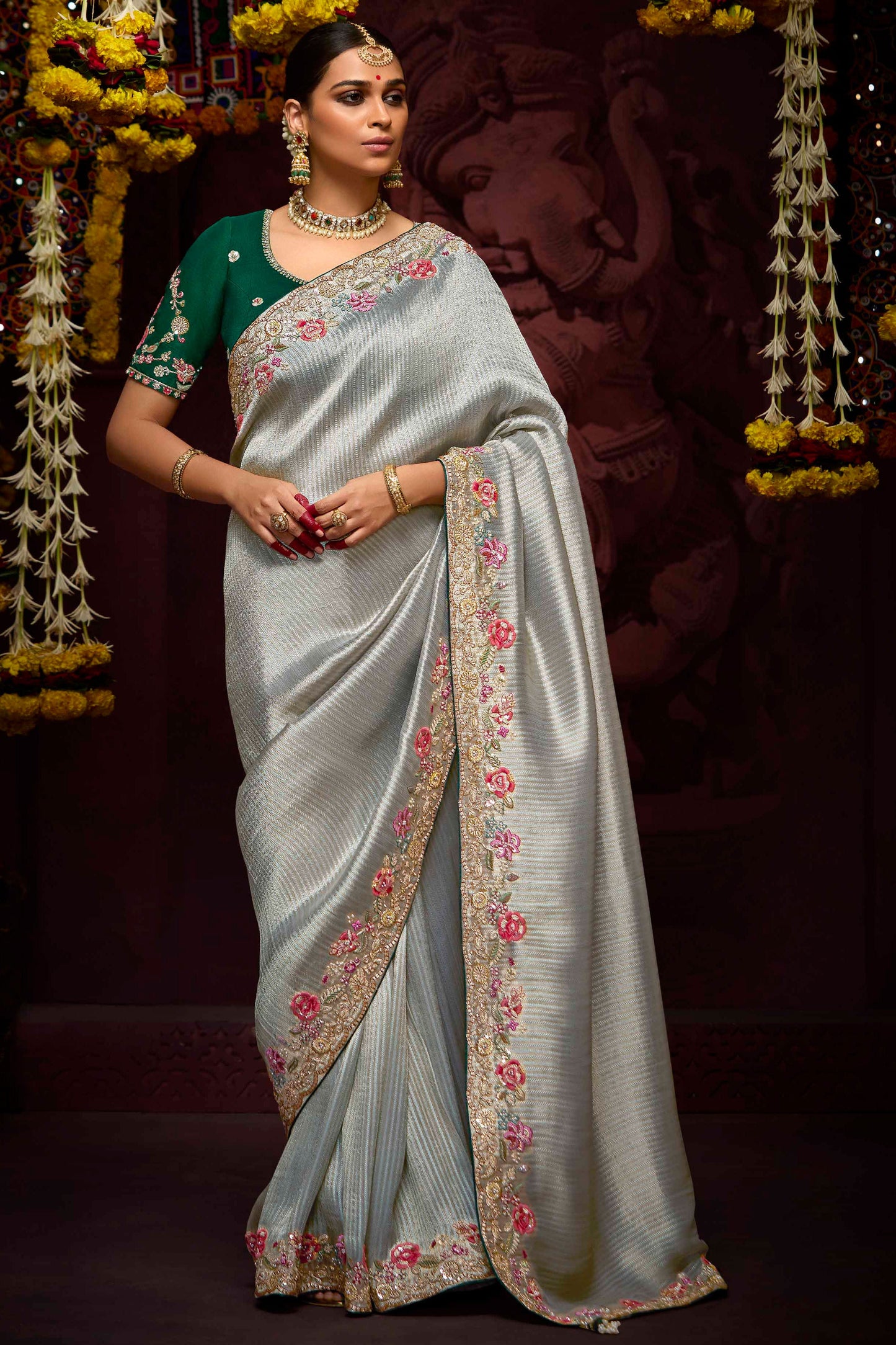 Grey Embroidered Banarasi Silk Saree-ZB133282_1_SareeButa.Com