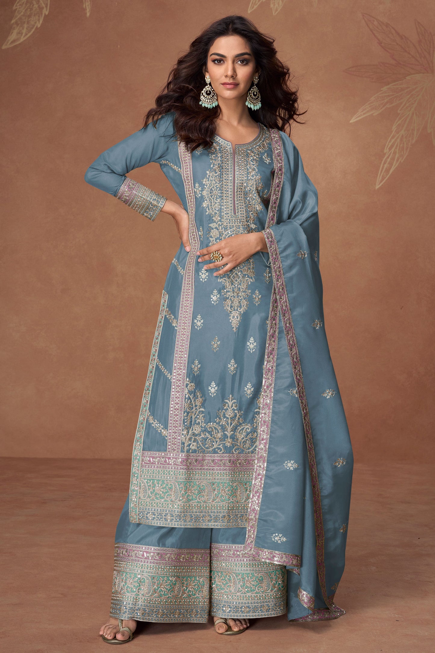 Grey Embroidered Organza Silk Readymade Suit-SS171_1_SareeButa.com