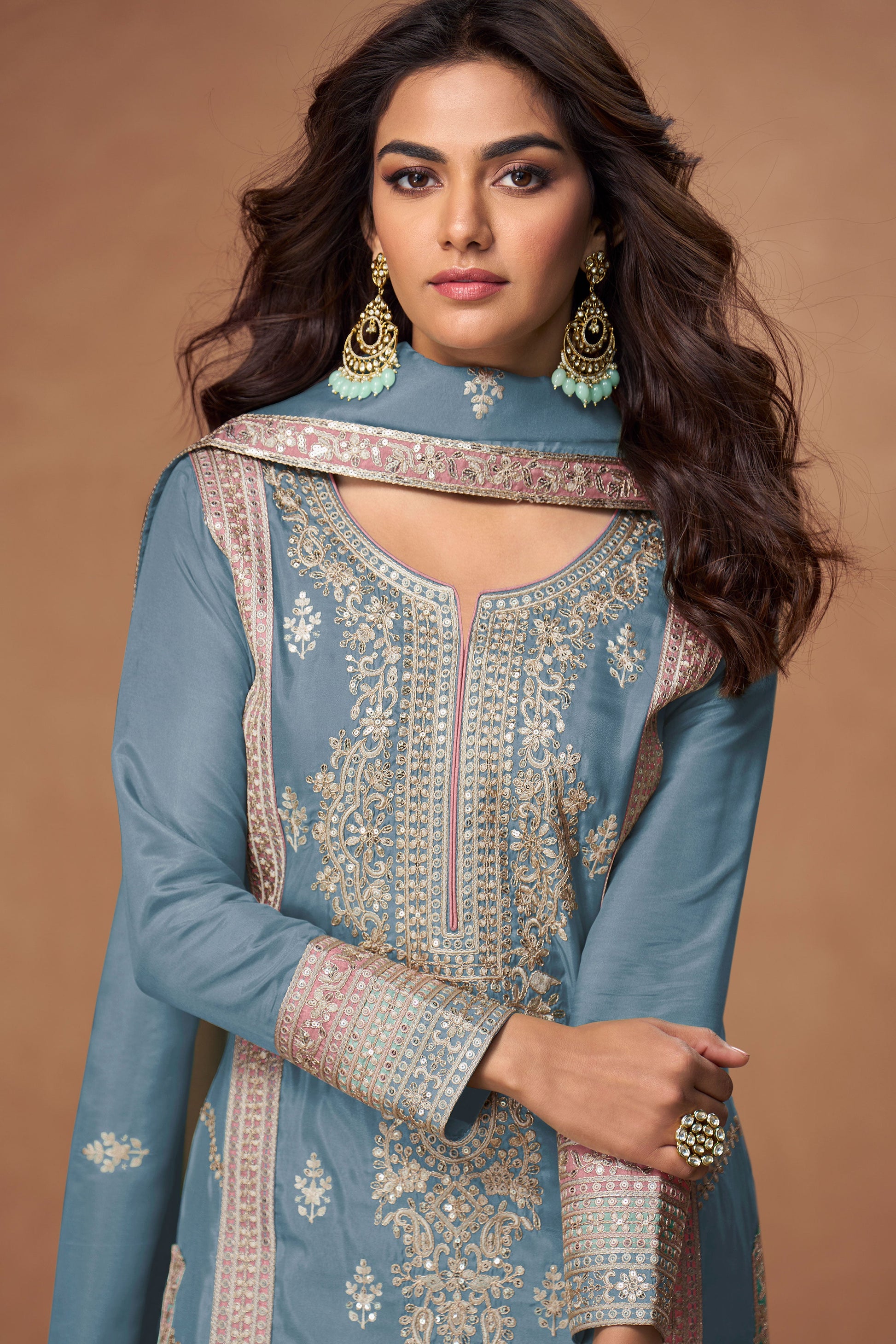 Grey Embroidered Organza Silk Readymade Suit-SS171_2_SareeButa.com